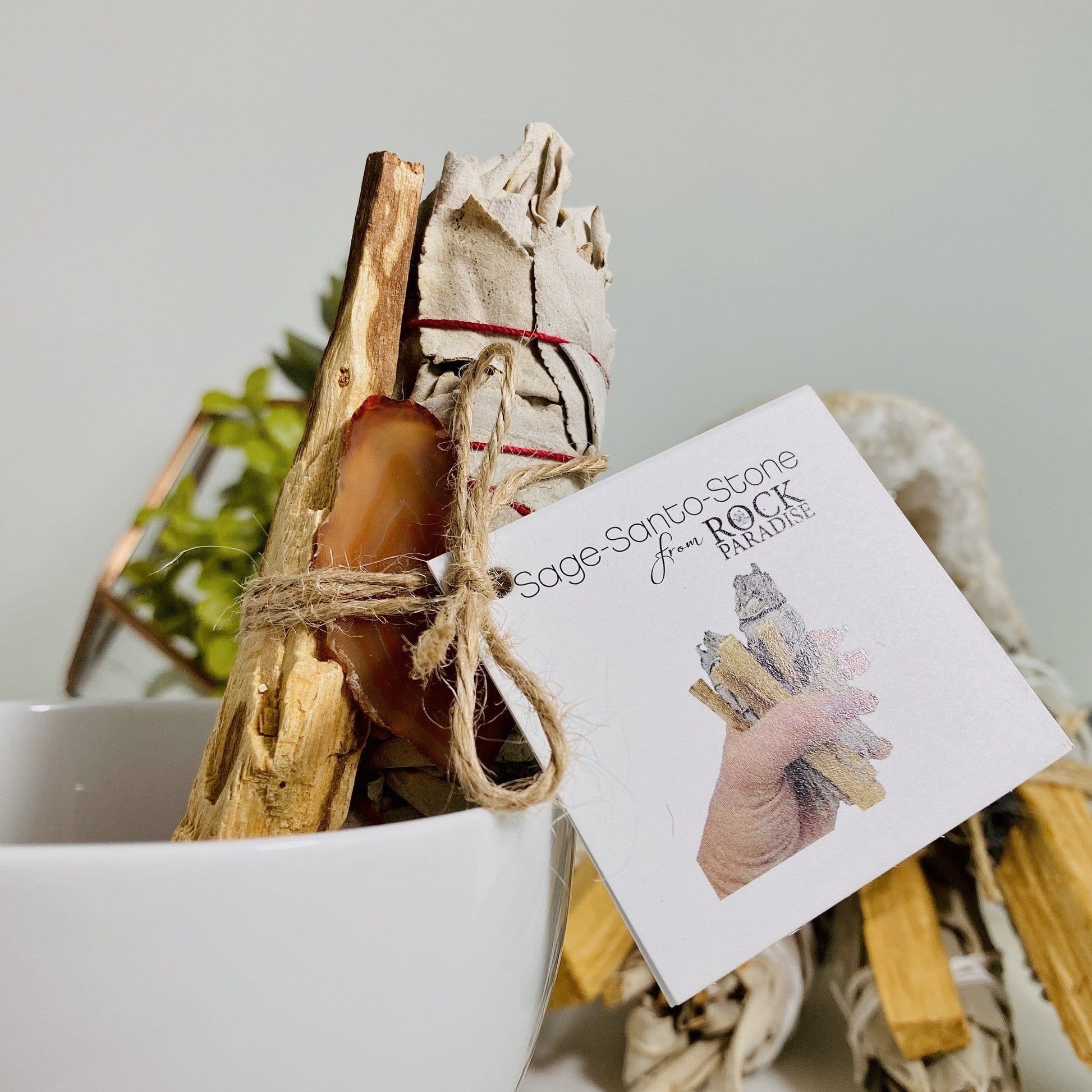sage byndle palo santo with assorted stone with tag