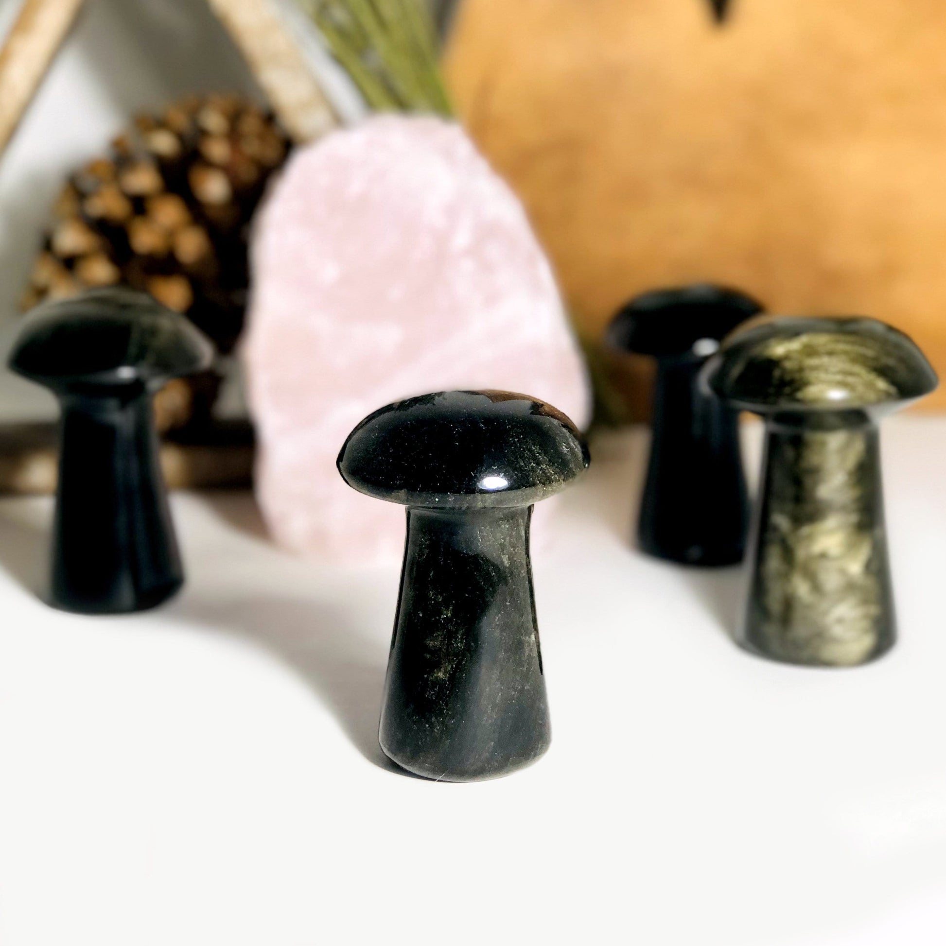 multiple Gold Sheen Obsidian Polished Mushrooms displayed various natural sheen 