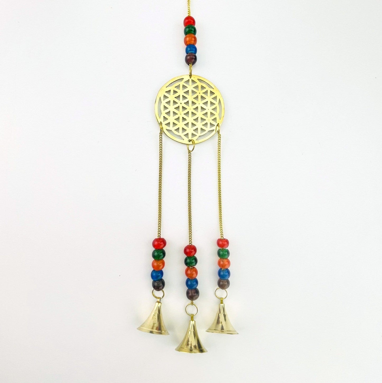 up close shot of Brass Triple Bell Hanging Flower of Life