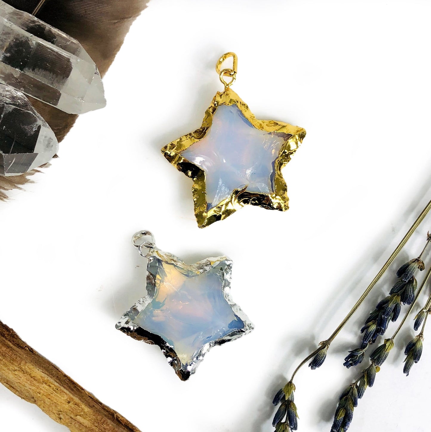 star electroplated pendants with decorations in the background