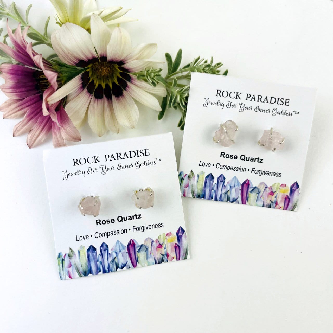 Rose Quartz Gemstone Stud Earrings in gold and silver