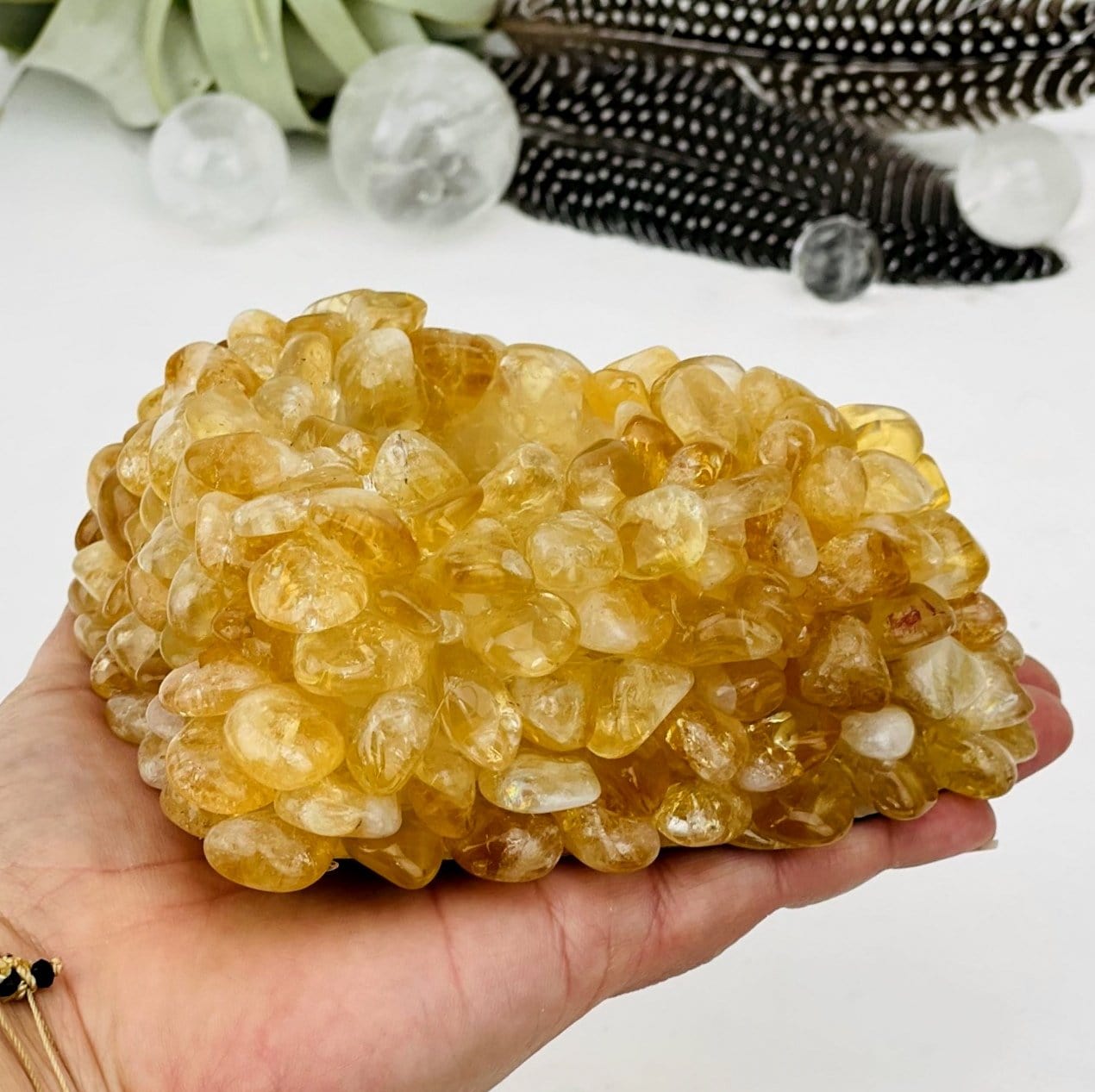 Citrine Tumbled stone Heart Candle Holder from a side view