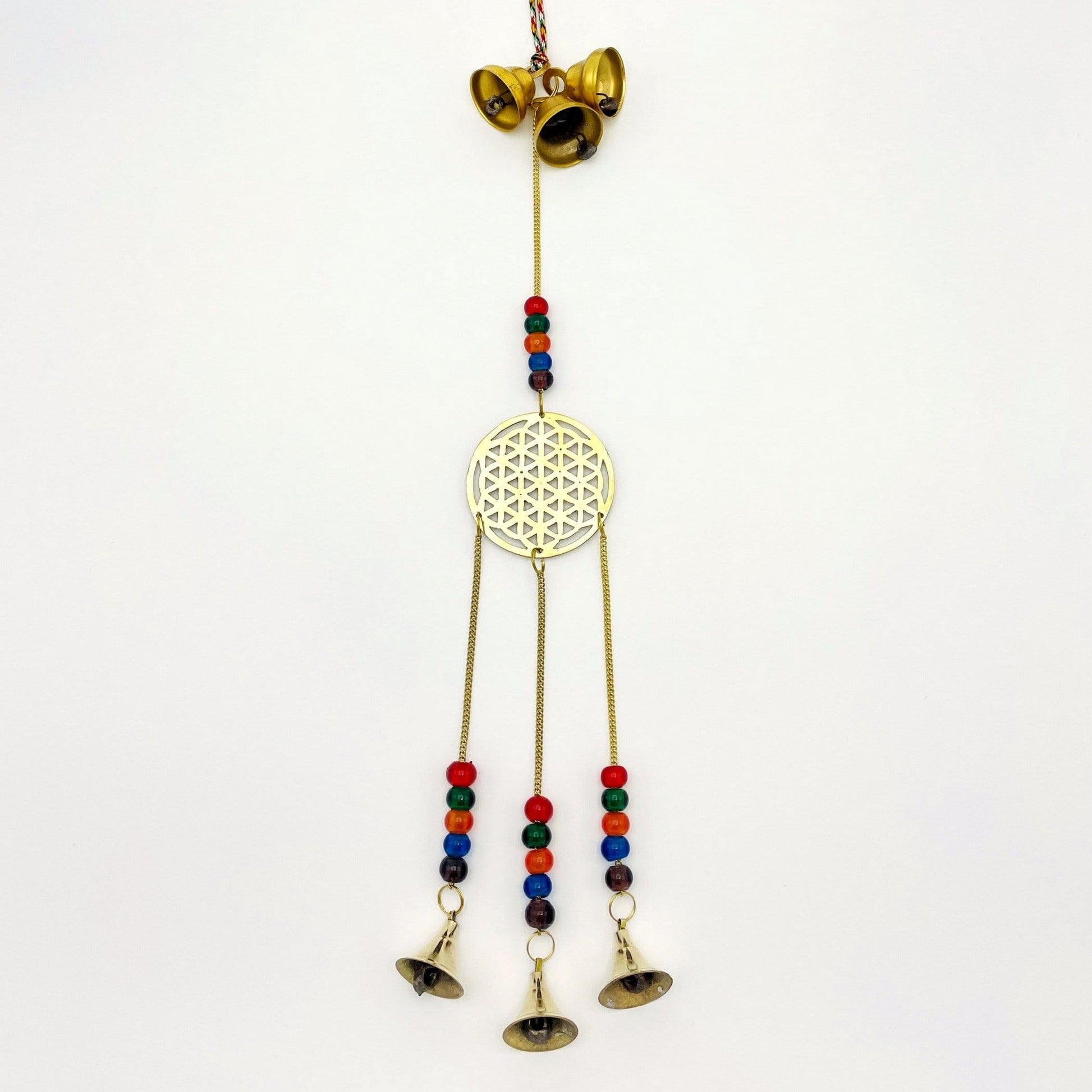 Brass Triple Bell Hanging Flower of Life on white background