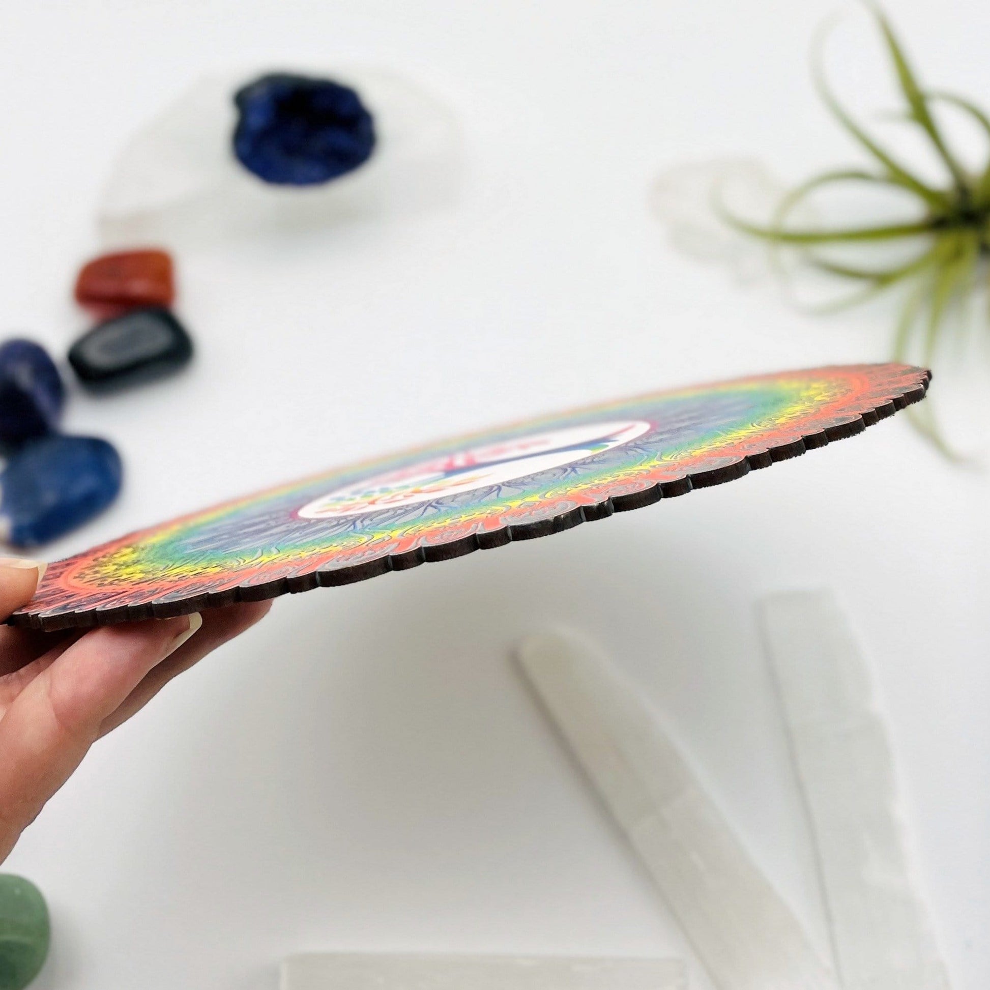 Crystal Grid Colorful Tree of Life - Wooden home decor--side shot view of wood demonstrating width in hand.
