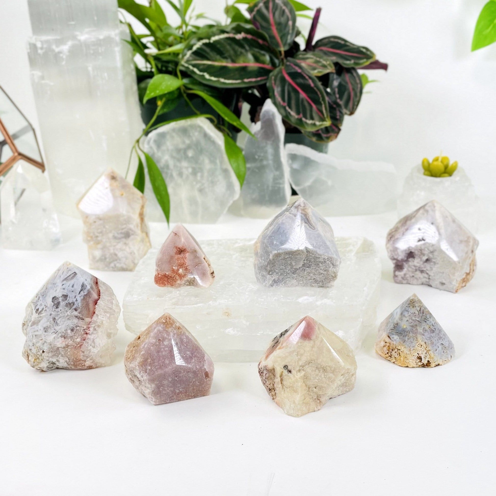 Pink Amethyst Point - Semi-polished Points in various sizes and shapes on display