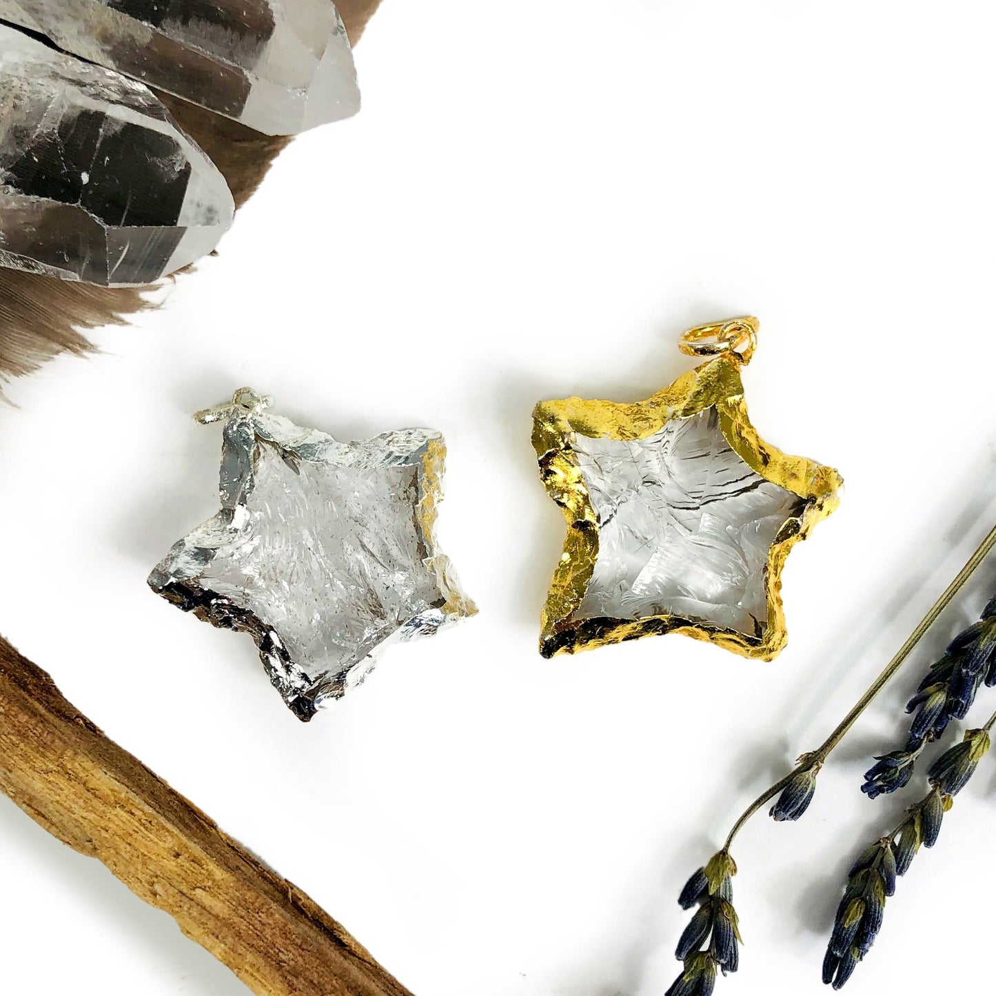 star electroplated pendants with decorations in the background