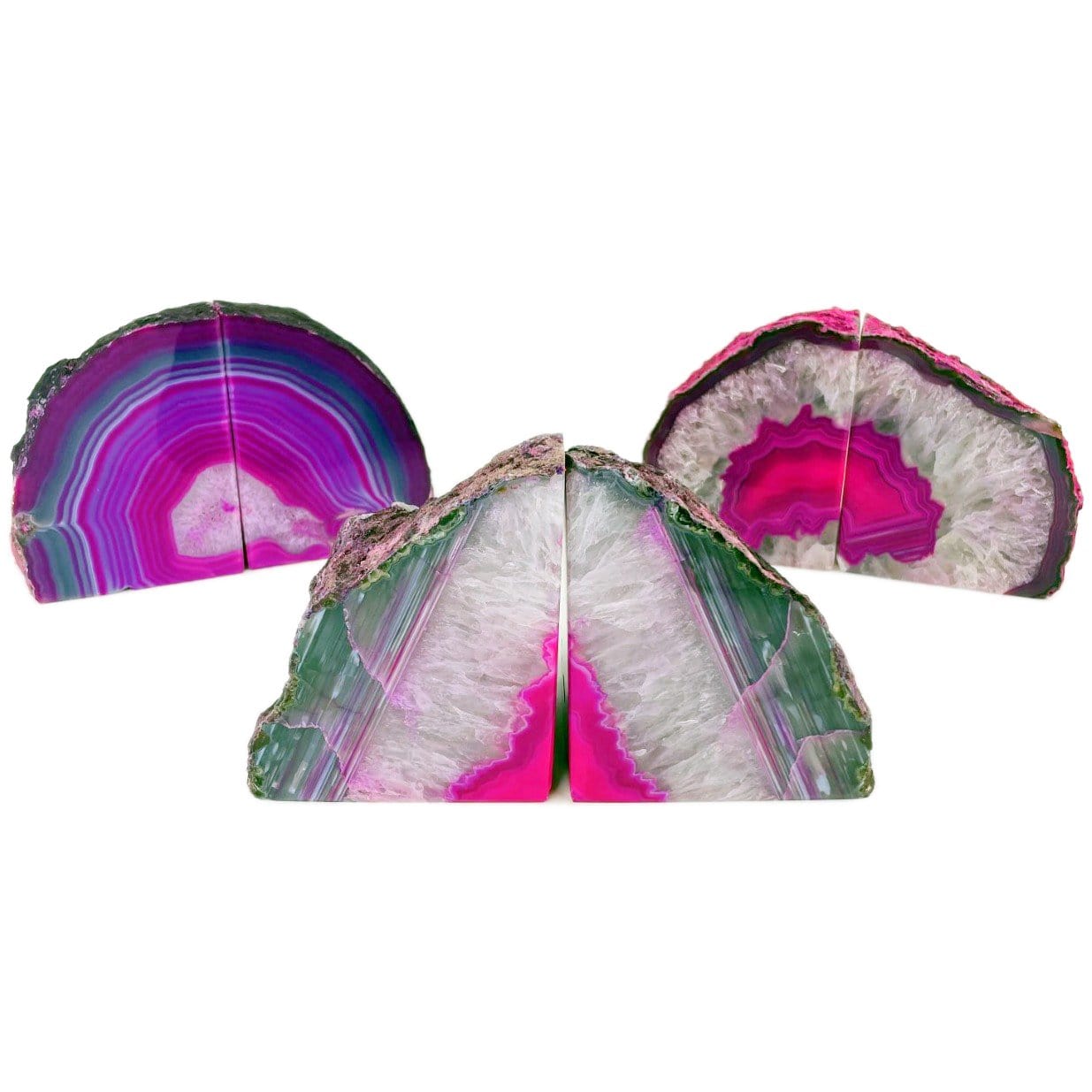 multiple pink agate bookends displayed to show the differences in the agate formations 