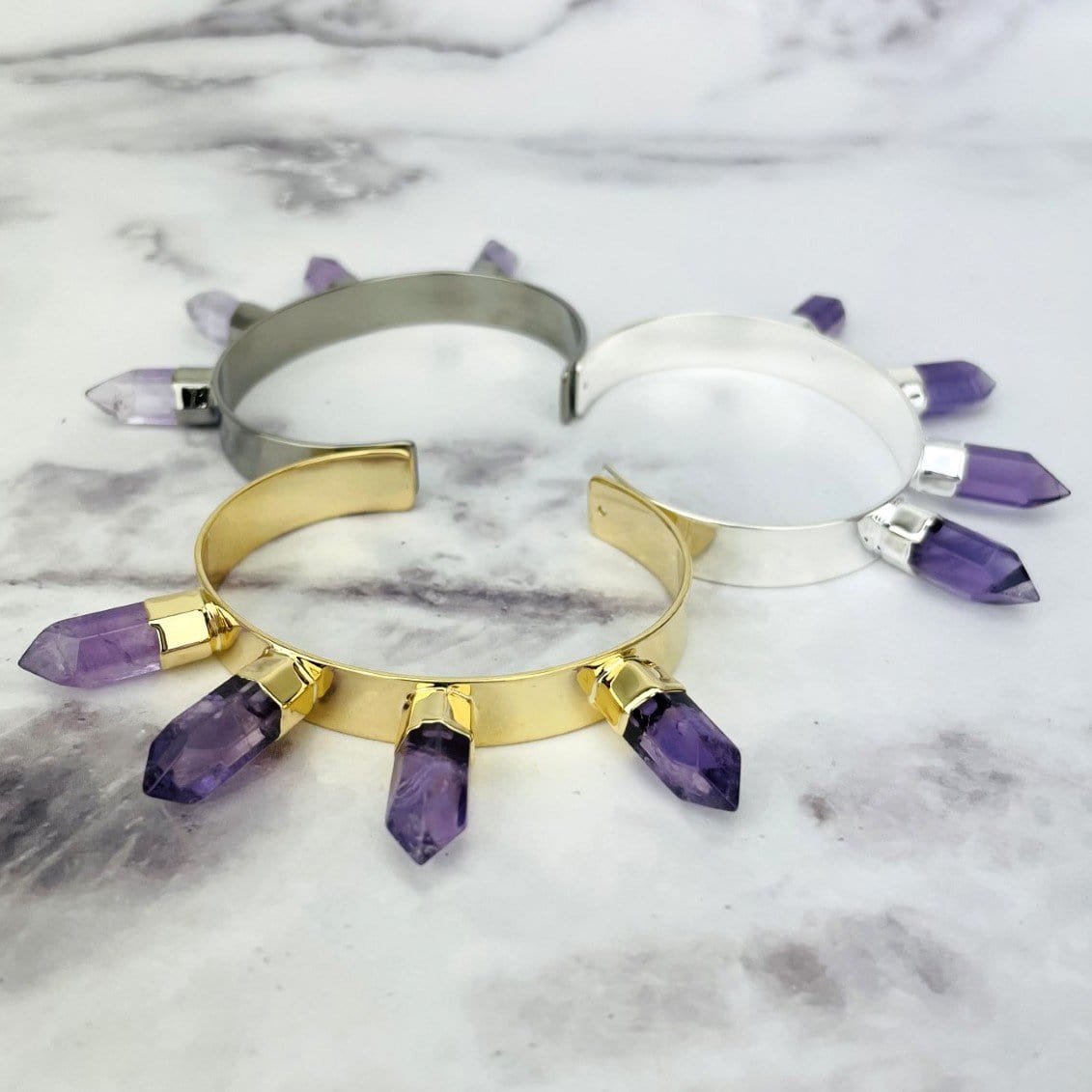 amethyst gemstone spike bracelet displayed in all electroplated options