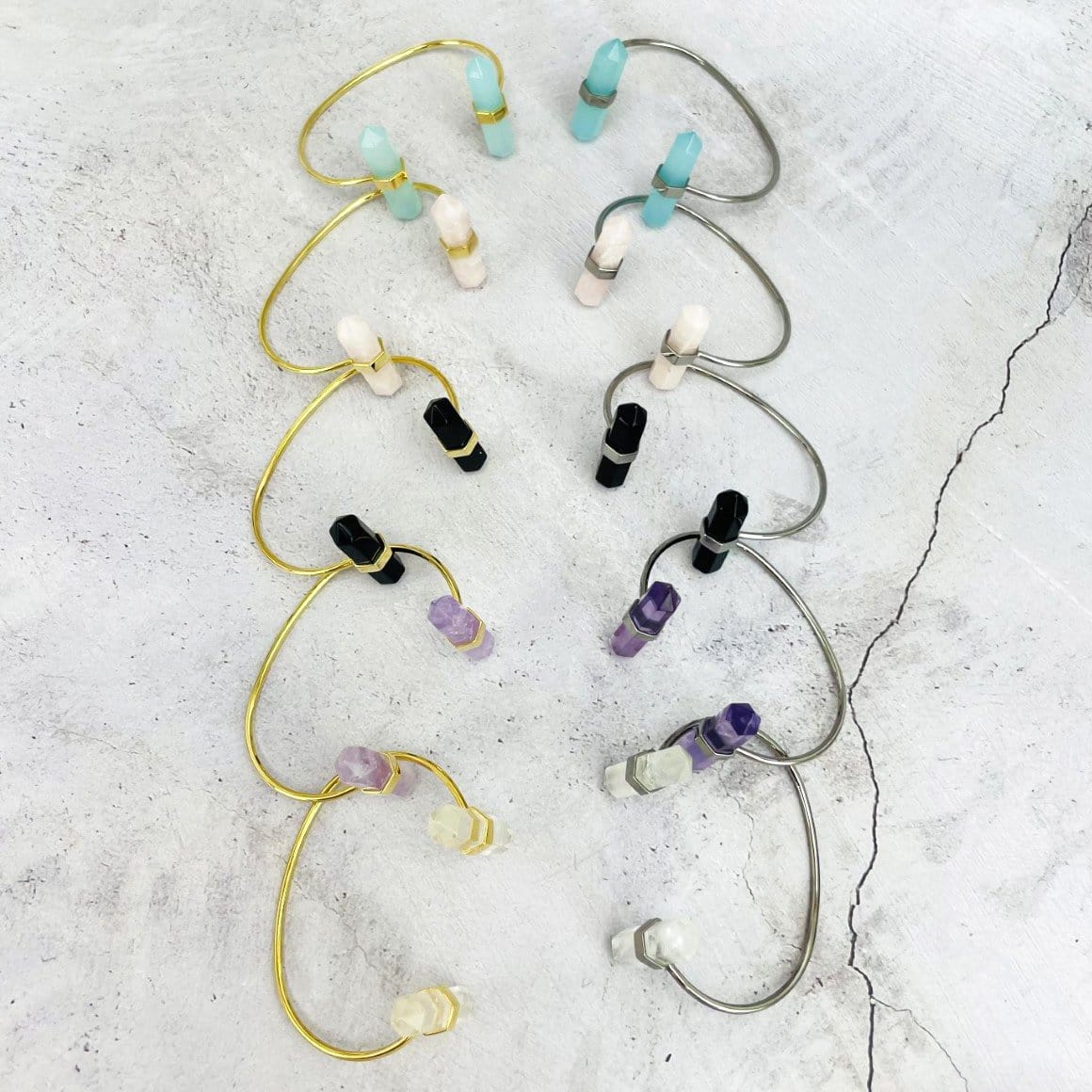 10 Crystal Point Cuffs in gold and silver and various crystals