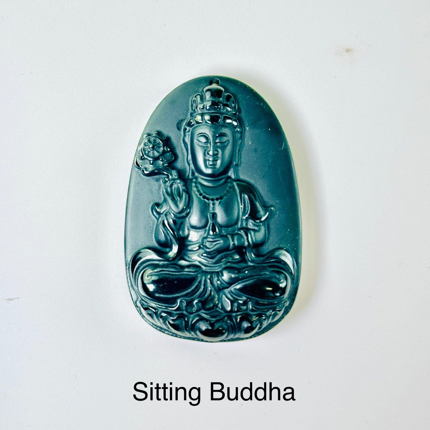 Black Obsidian Buddha Head, Sitting Buddha, or Guan Yu Carved Crystal Pendant - You Choose Style Sitting Buddha variant labeled