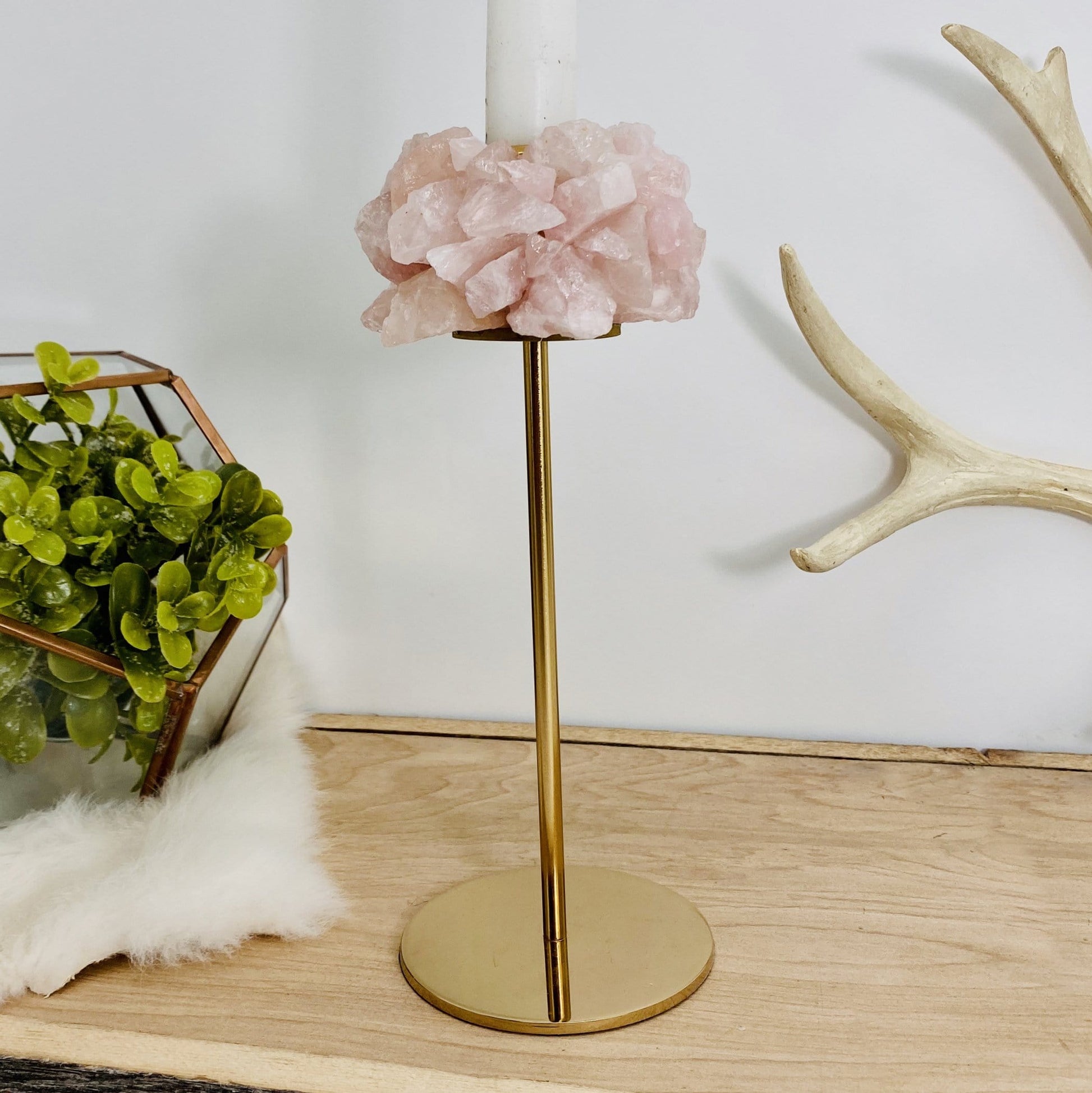 Rose Quartz Taper Candle Holder next to terrarium on table