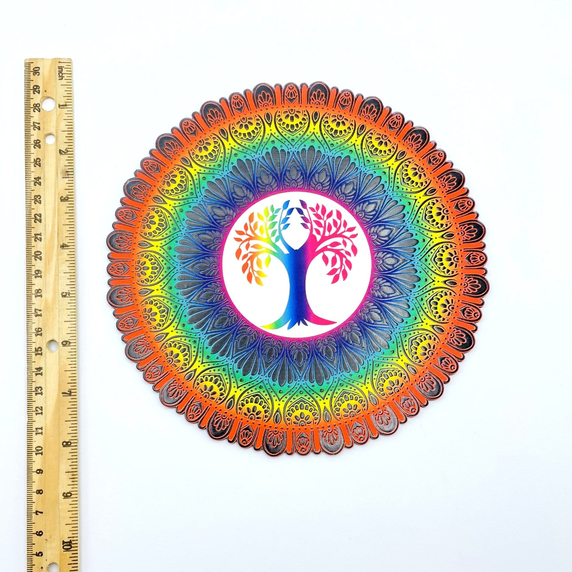Crystal Grid Colorful Tree of Life - Wooden home decor--close shot view next to ruler demonstrating the height on table.