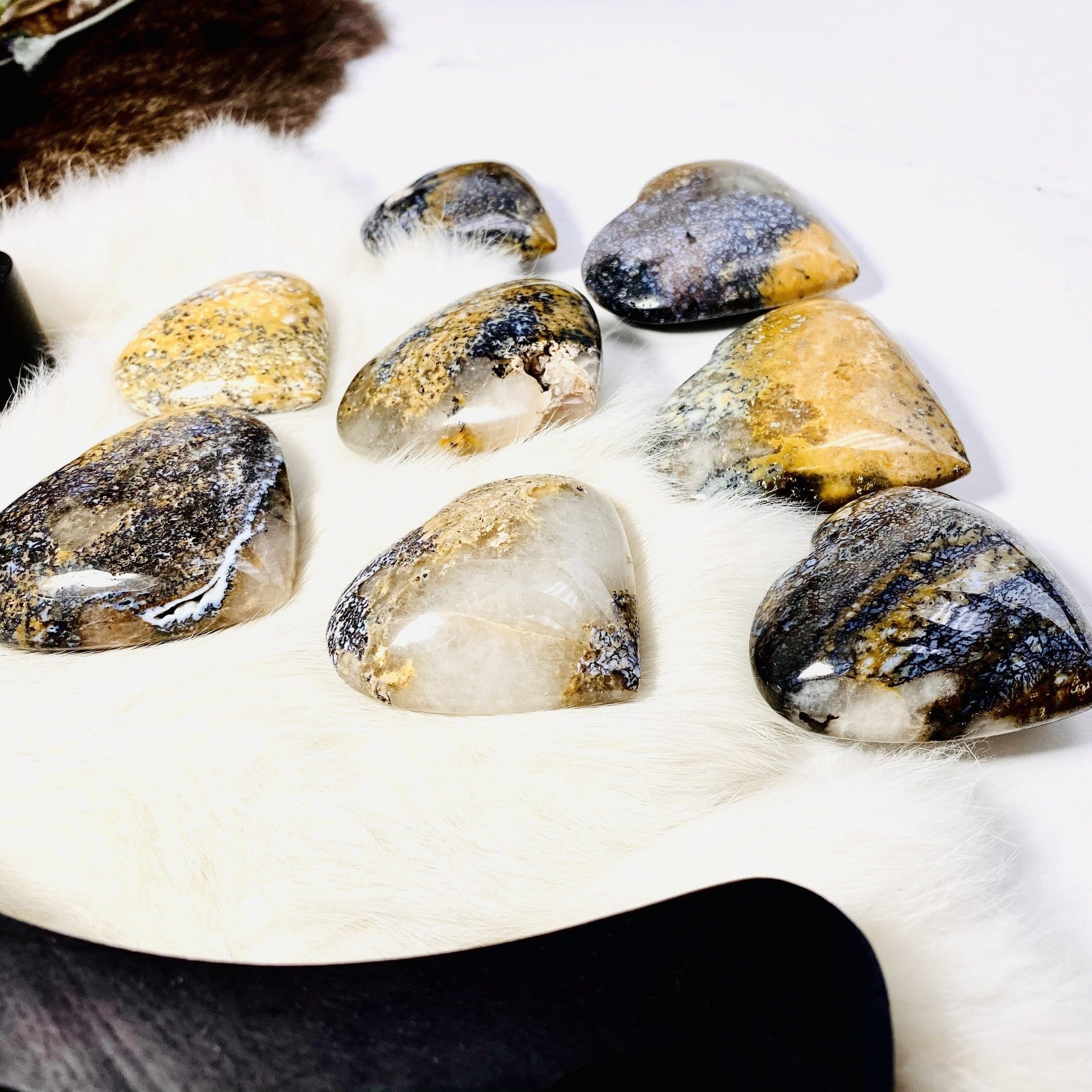 angled shot of lions eye jasper hearts with decorations