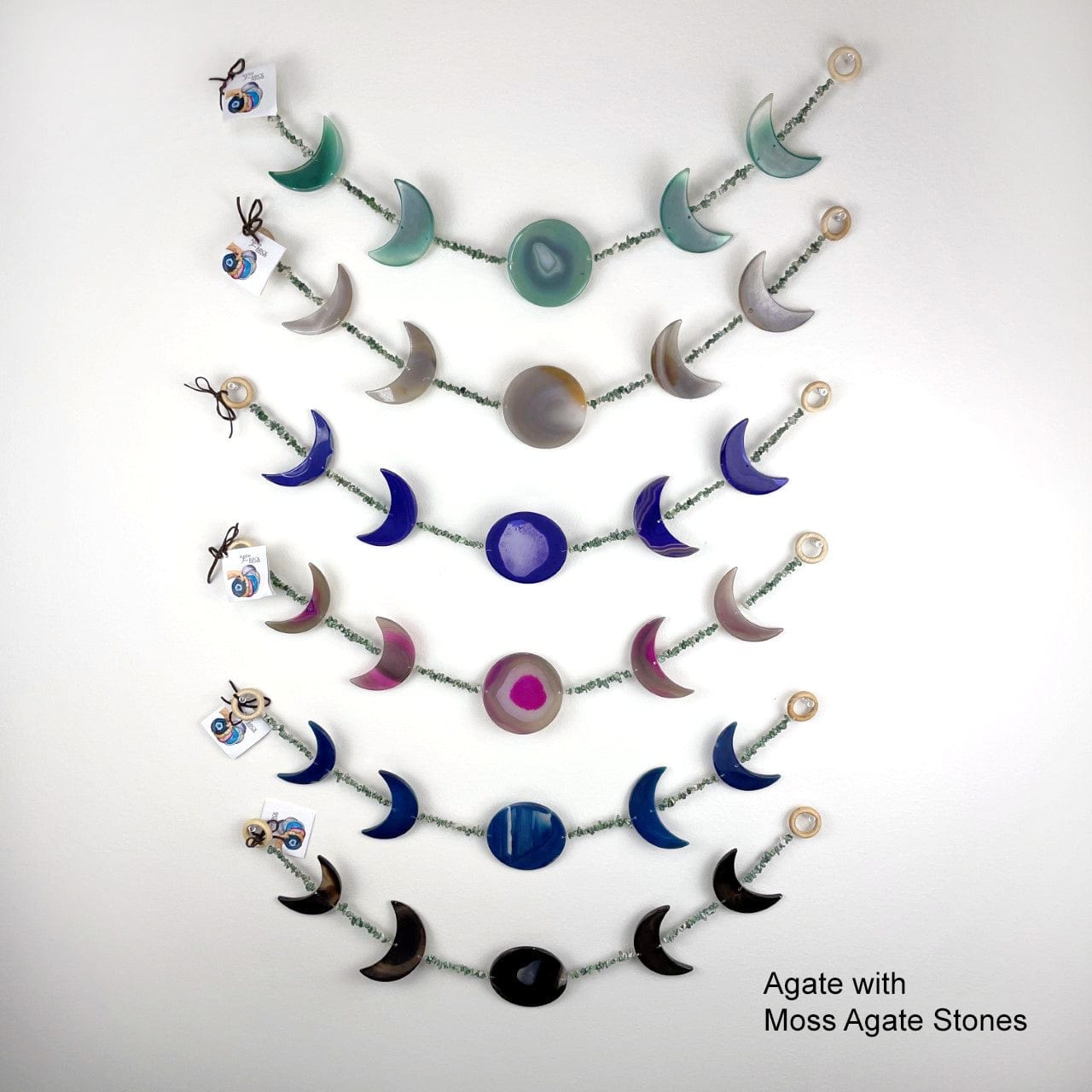 Agate Moon Phase Horizontal Wall Hangings with Moss Agate Beads