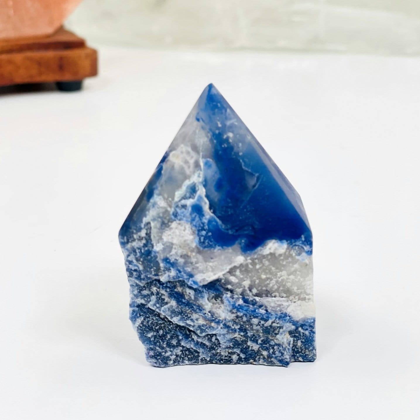 close up of blue quartz point 
