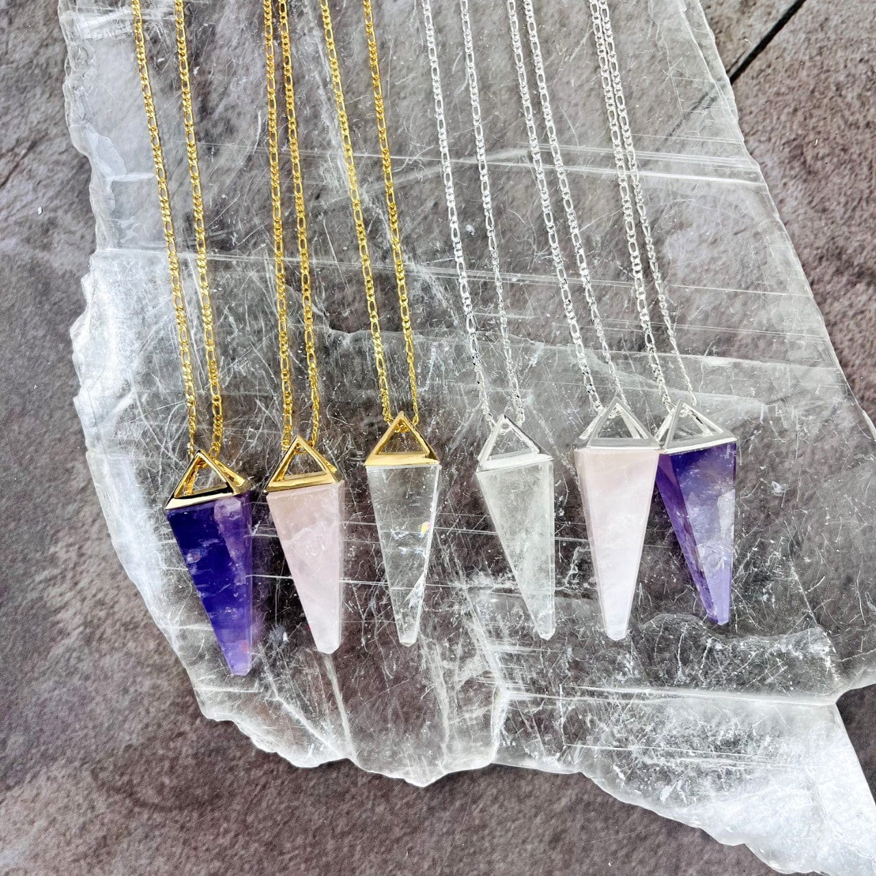 Rose Quartz Amethyst and Crystal Quartz Pendulum Necklaces in gold and silver