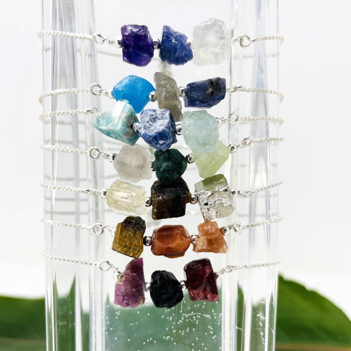 chakra themed three stone adjustable bracelets in silver 