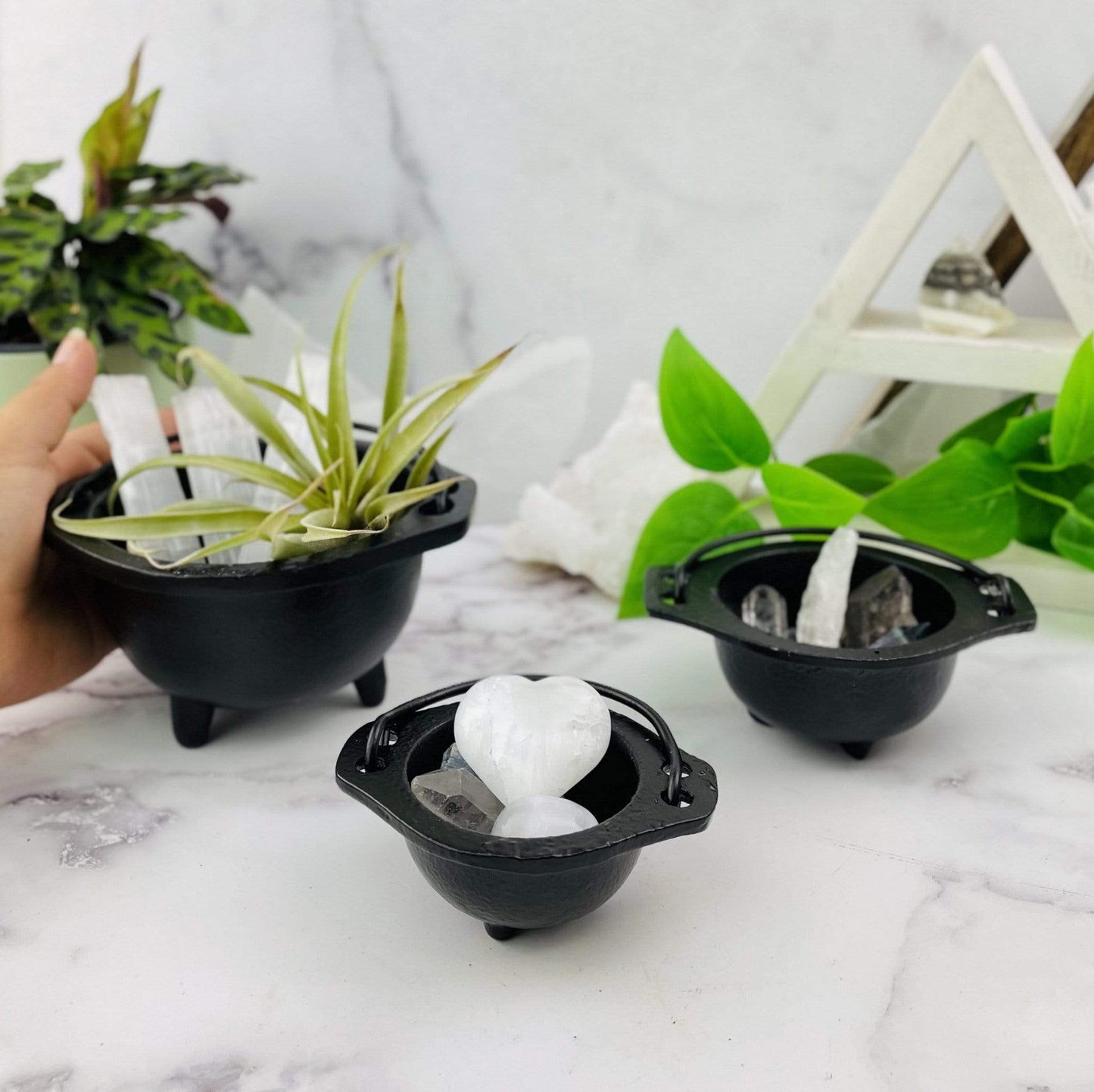 All three size or couldrons with plants or crystals inside of them.