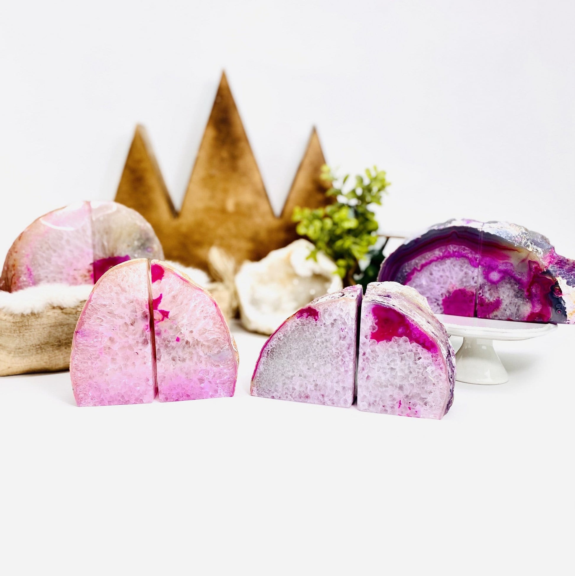 Four Pink Agate Geode Bookend Pairs set up.