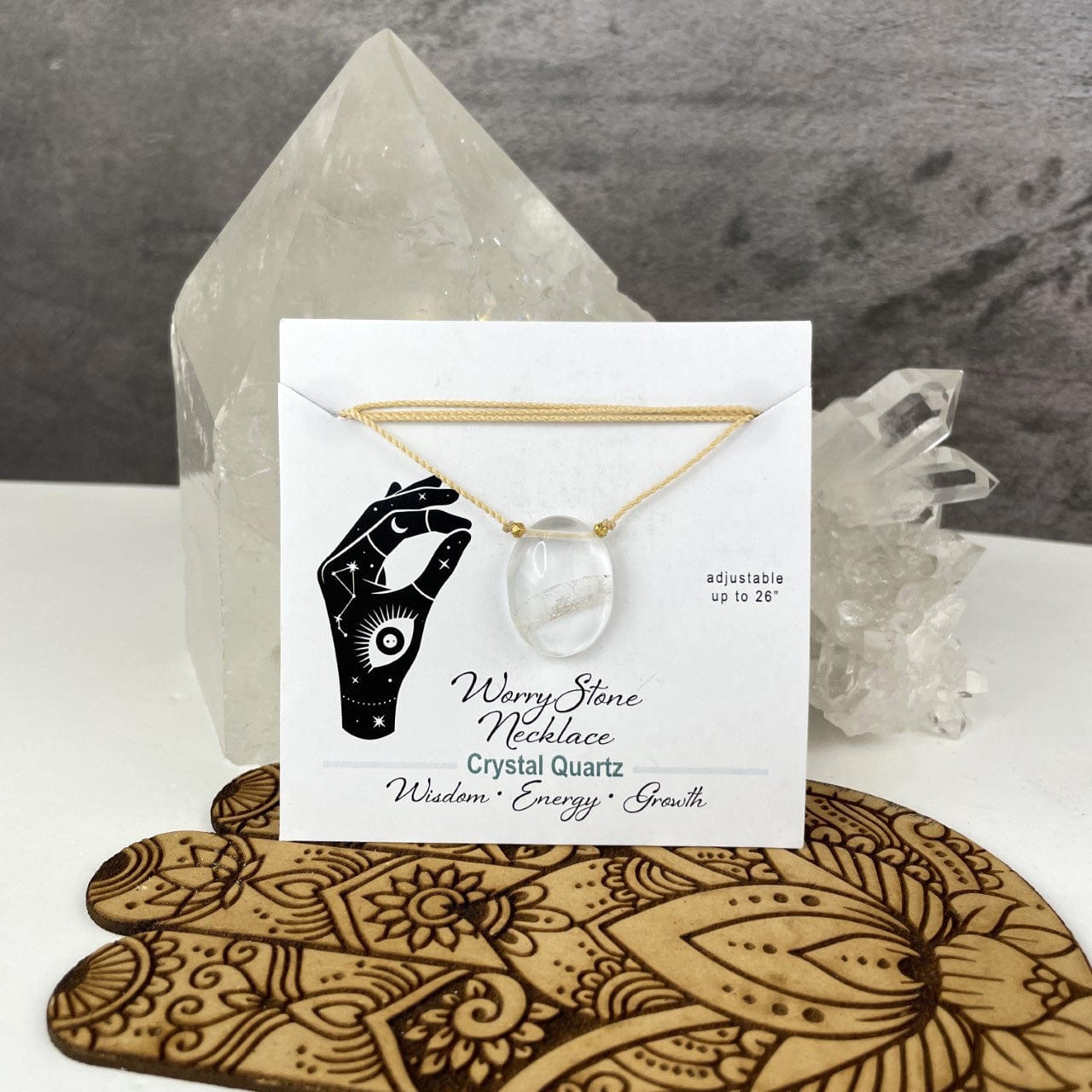 crystal quartz worry stone necklace carded for display