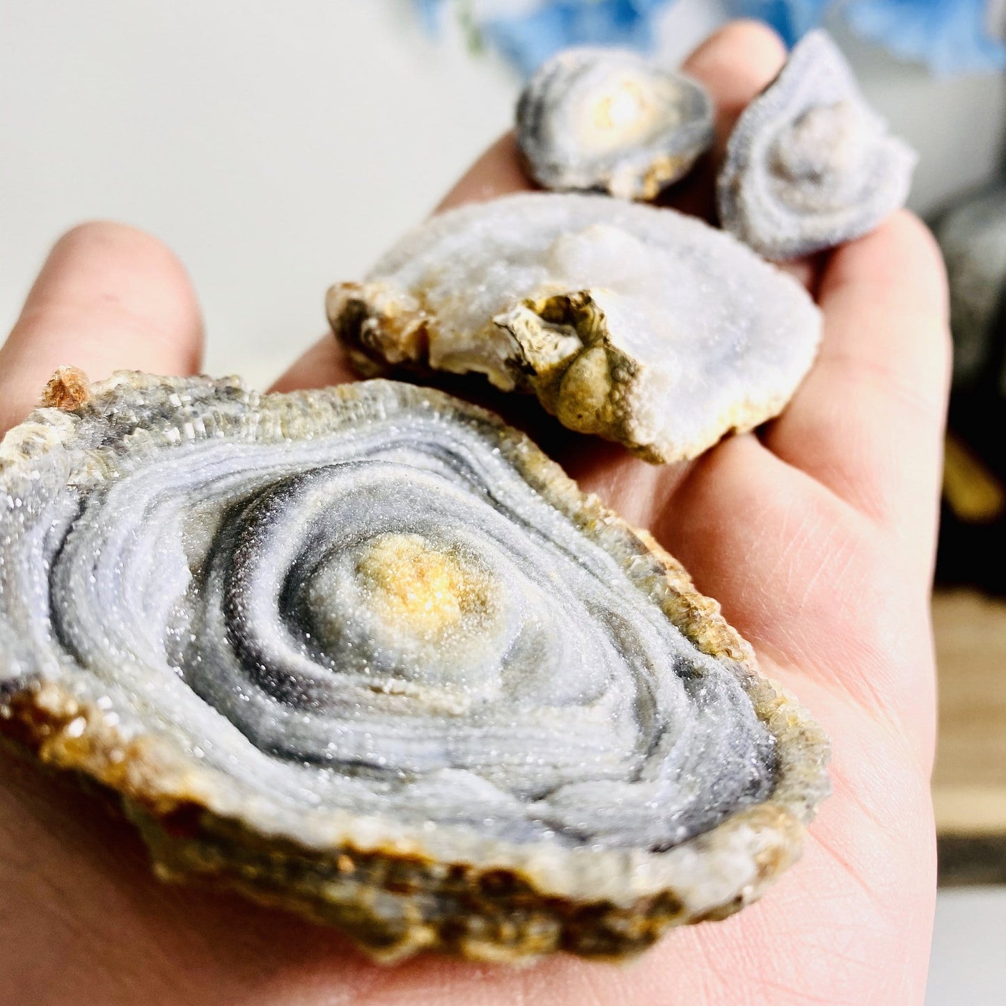 up close of the Chalcedony Druzy Slabs to show druzy texture color natural inclusions size and overall characteristic differences