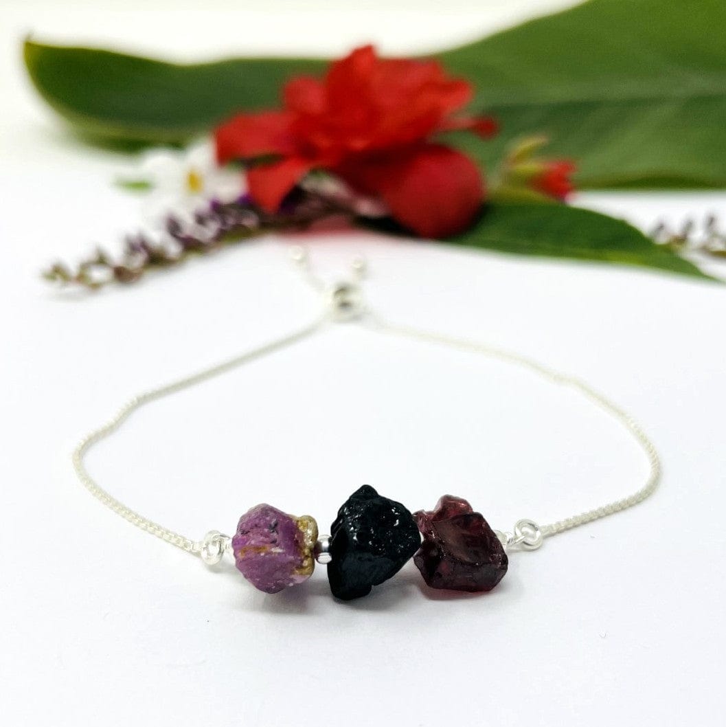 close up of Root Chakra bracelet - Ruby, Black Tourmaline and Garnet