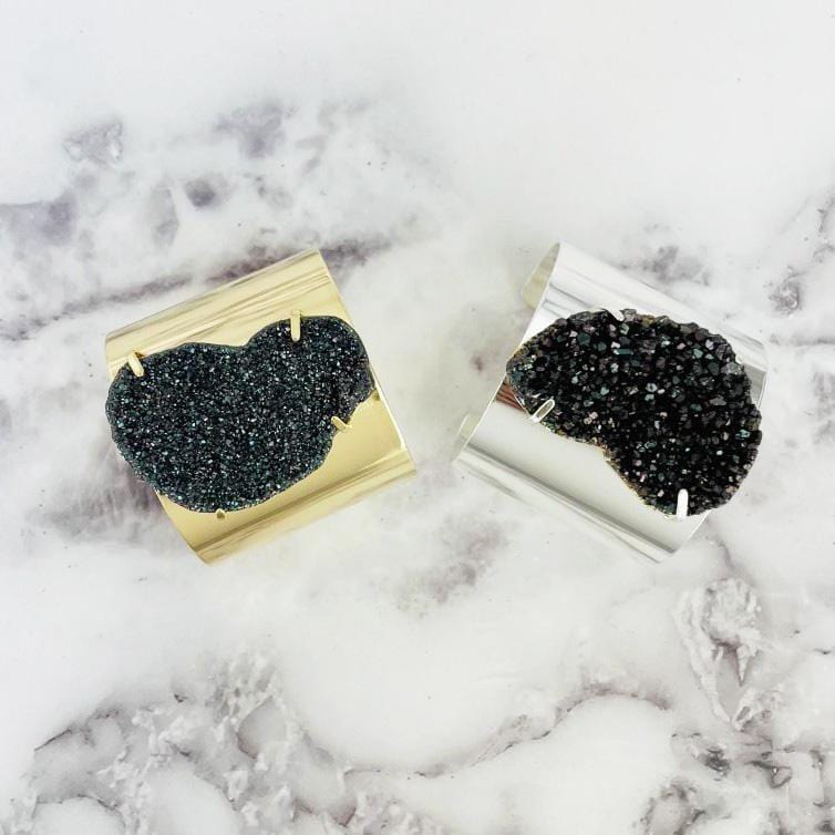 top view of the Black Diamond Titanium Druzy Bracelet with Electroplated Adjustable Cuff