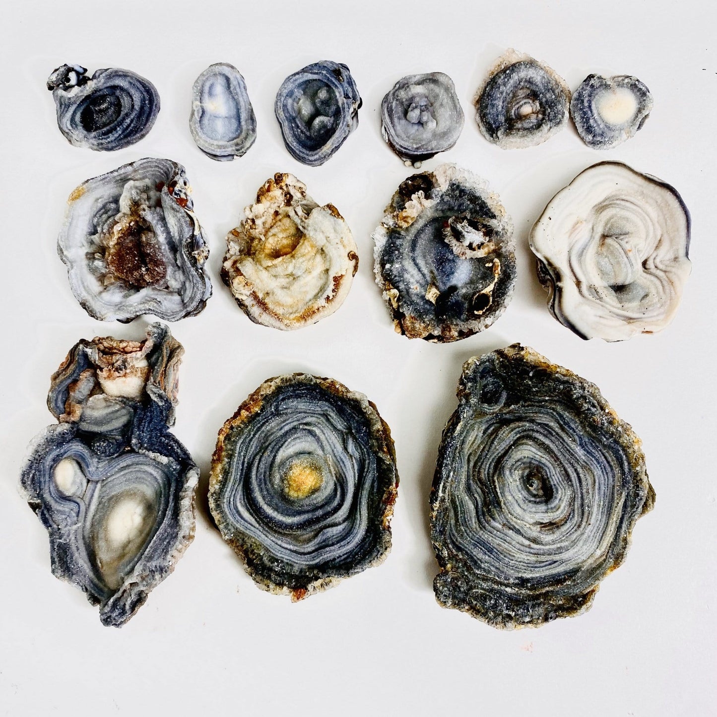 multiple Chalcedony Druzy Slabs in large medium small