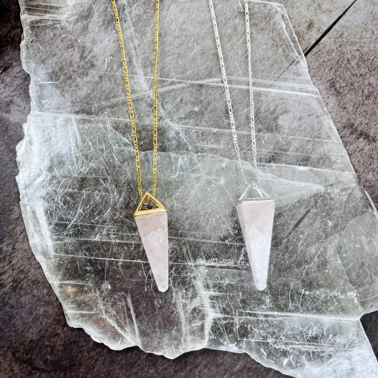 Rose Quartz Pendulum Necklaces in gold and silver up close