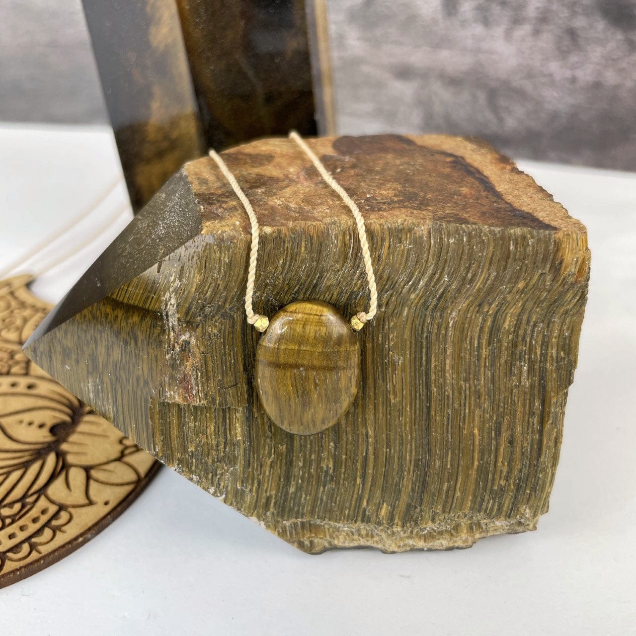 tigers eye worry stone necklace up close