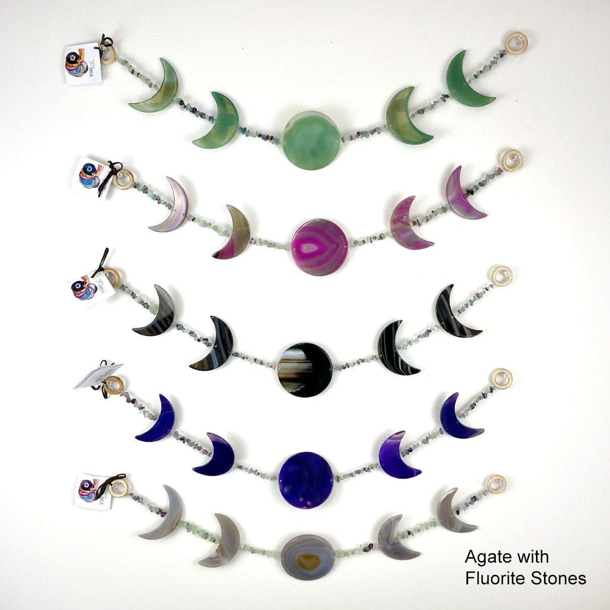 Agate Moon Phase Horizontal Wall Hangings with Fluorite Beads
