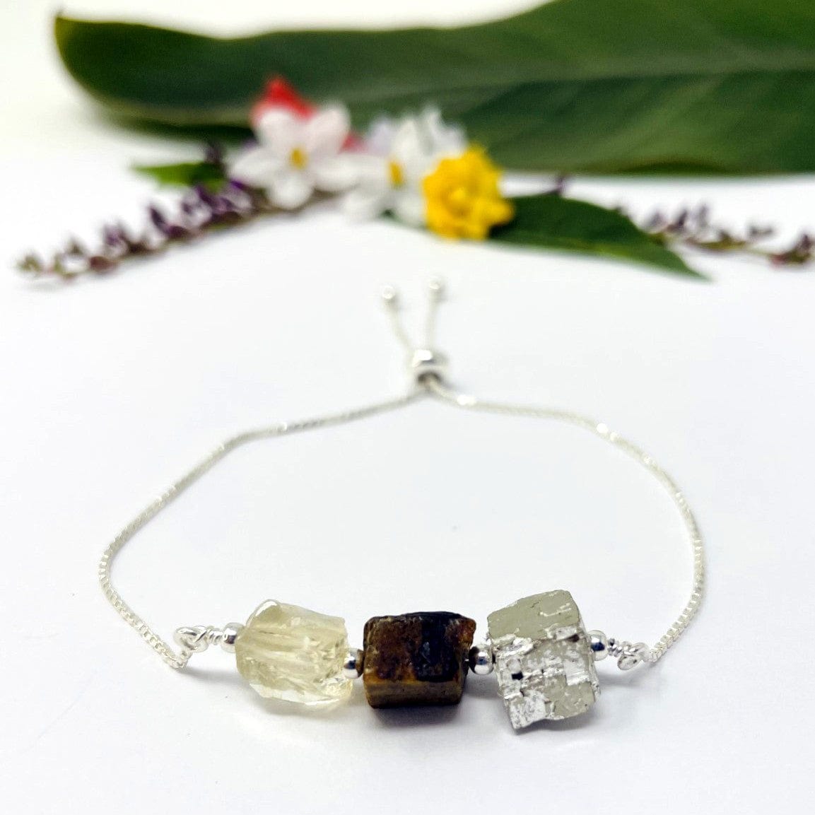 close up of the Solar Plexus chakra bracelet - Citrine, Tiger eye and Pyrite
