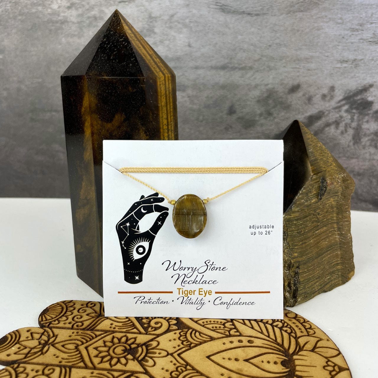 tigers eye worrystone necklace carded for display