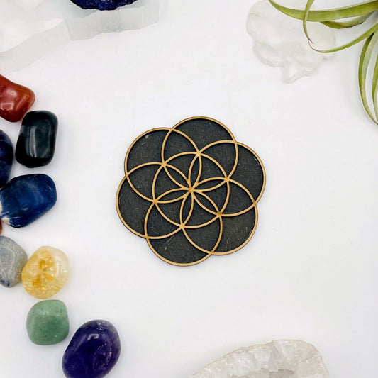 overhead view of seed of life mini wooden grid on display