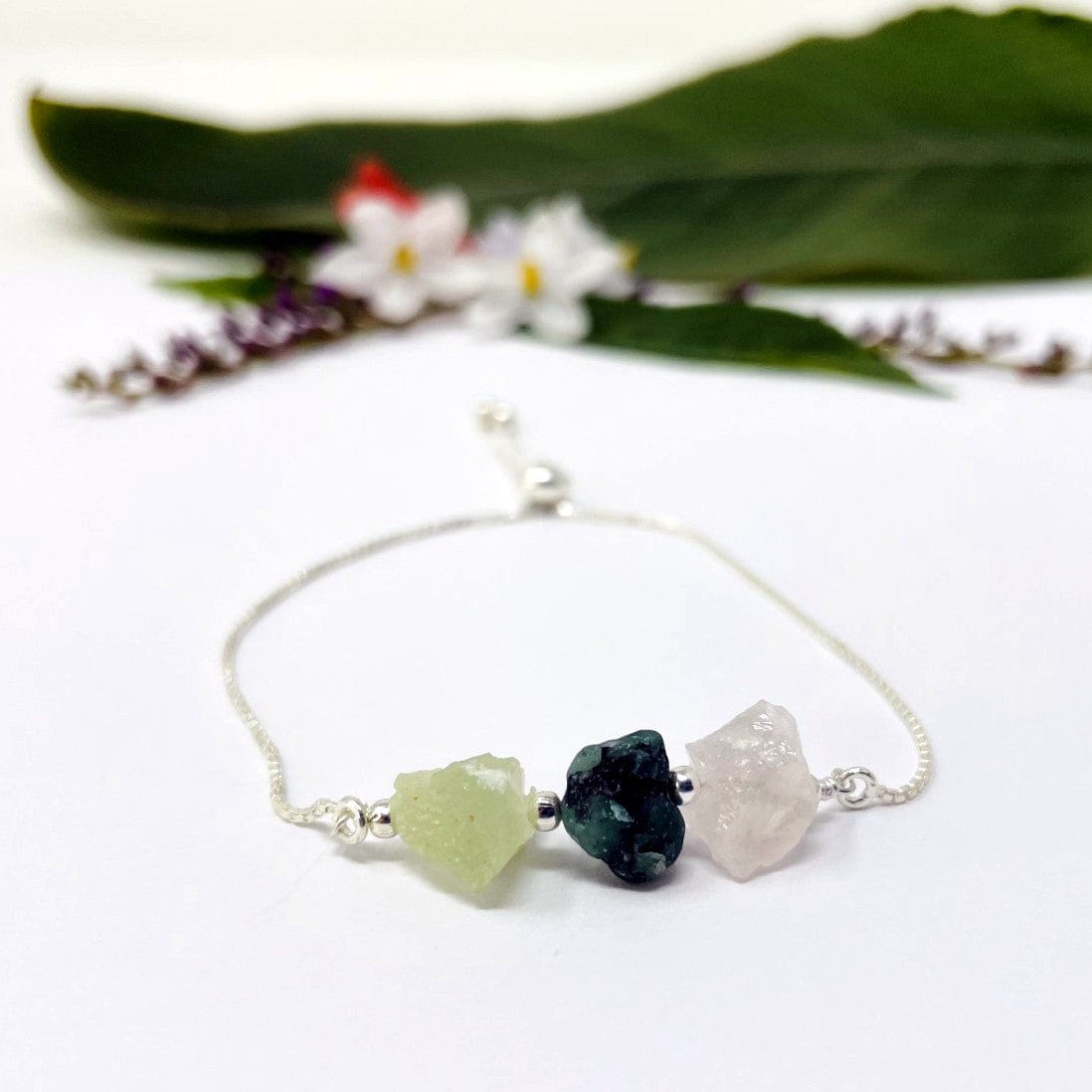 close up of Heart Chakra bracelet - Prehnite, Emerald, and Rose Quartz