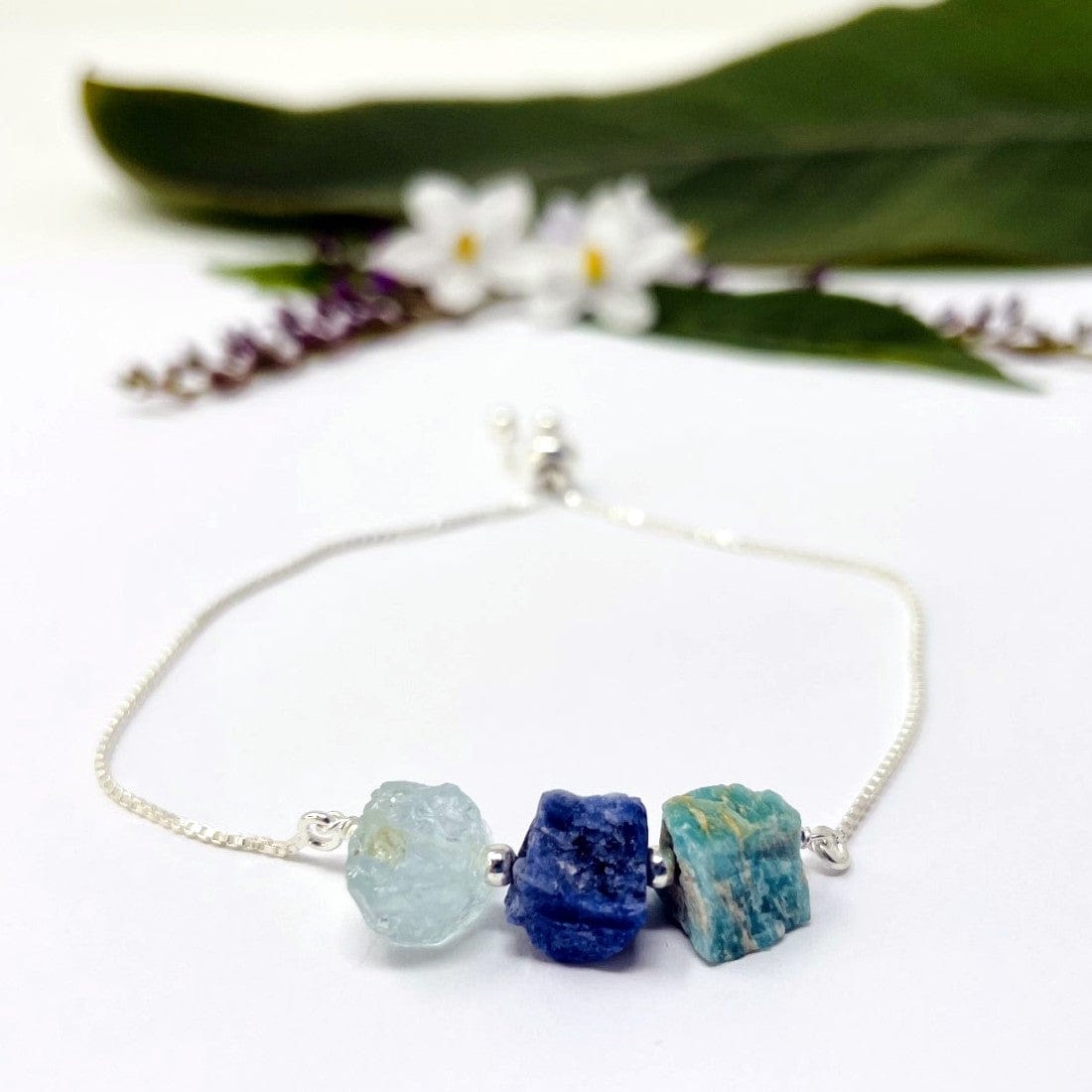 close up of Throat Chakra bracelet - Amazonite, Sodalite, and Aquamarine