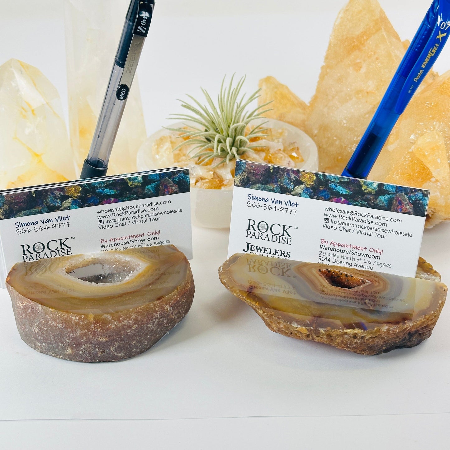 Agate Geode Crystal Business Card and Pen Holder - You Choose both card holders with business cards and pens
