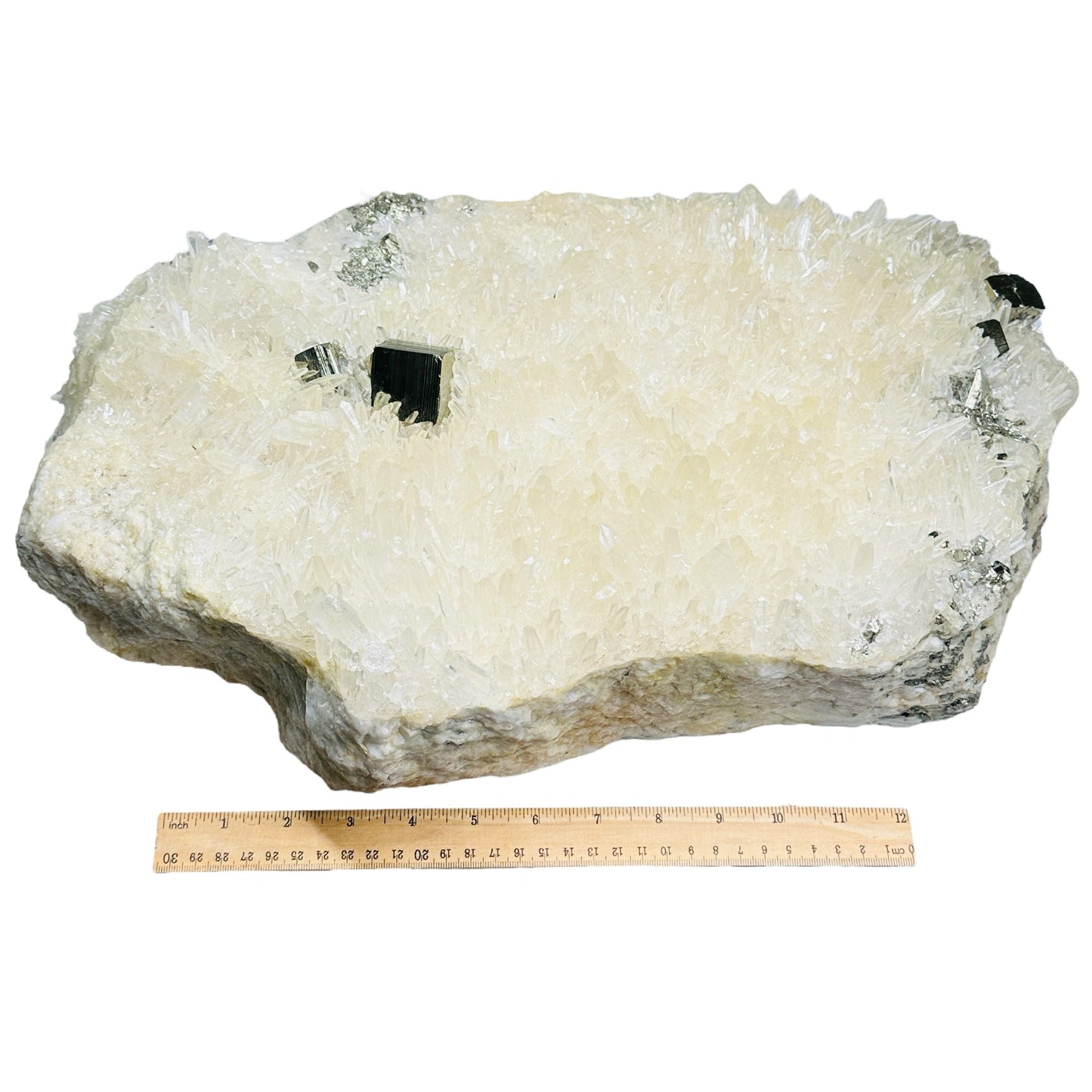Cubic Pyrite on High Grade Crystal Quartz Cluster - Rare Find front view with ruler for size reference