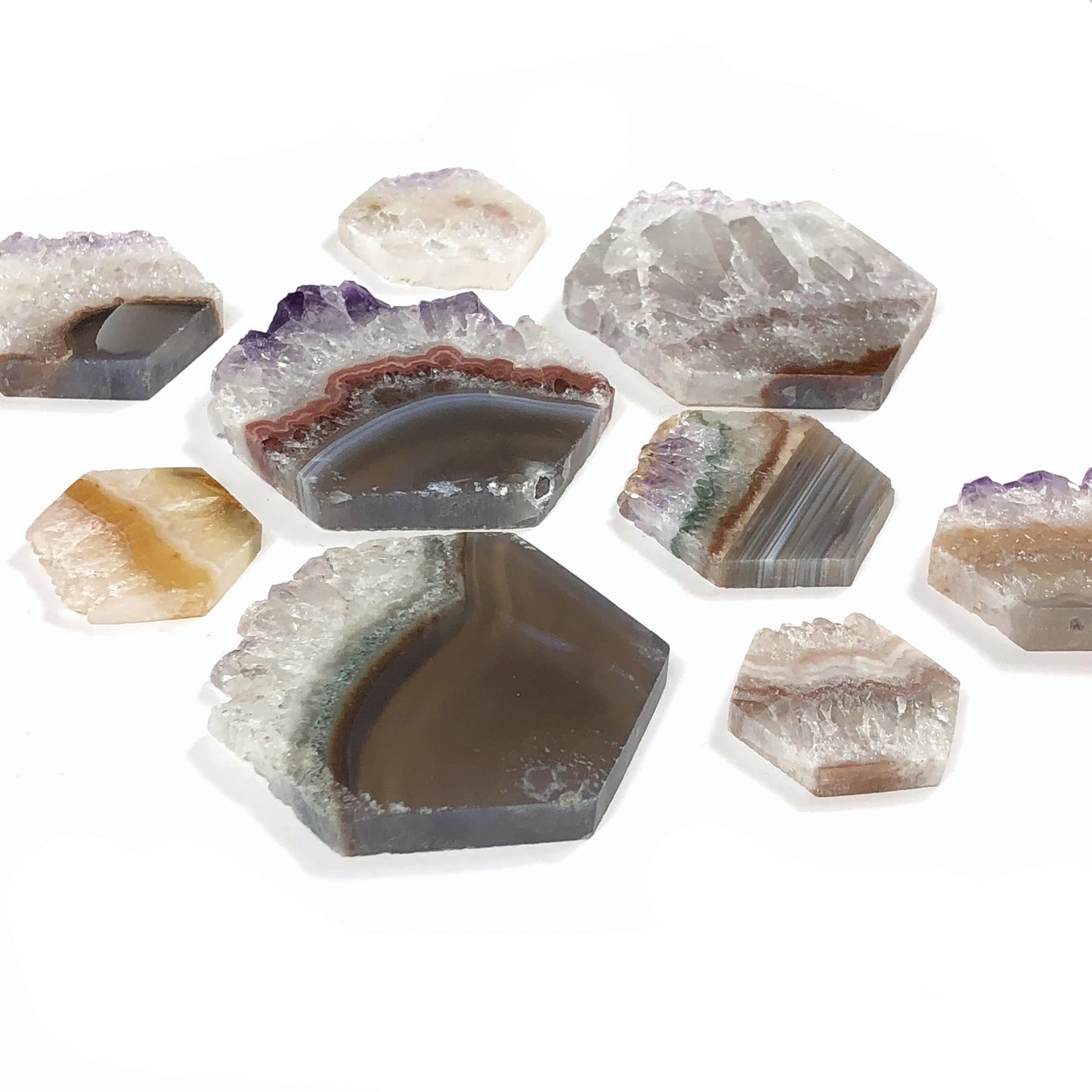 side view of hexagon amethyst slice for thickness reference