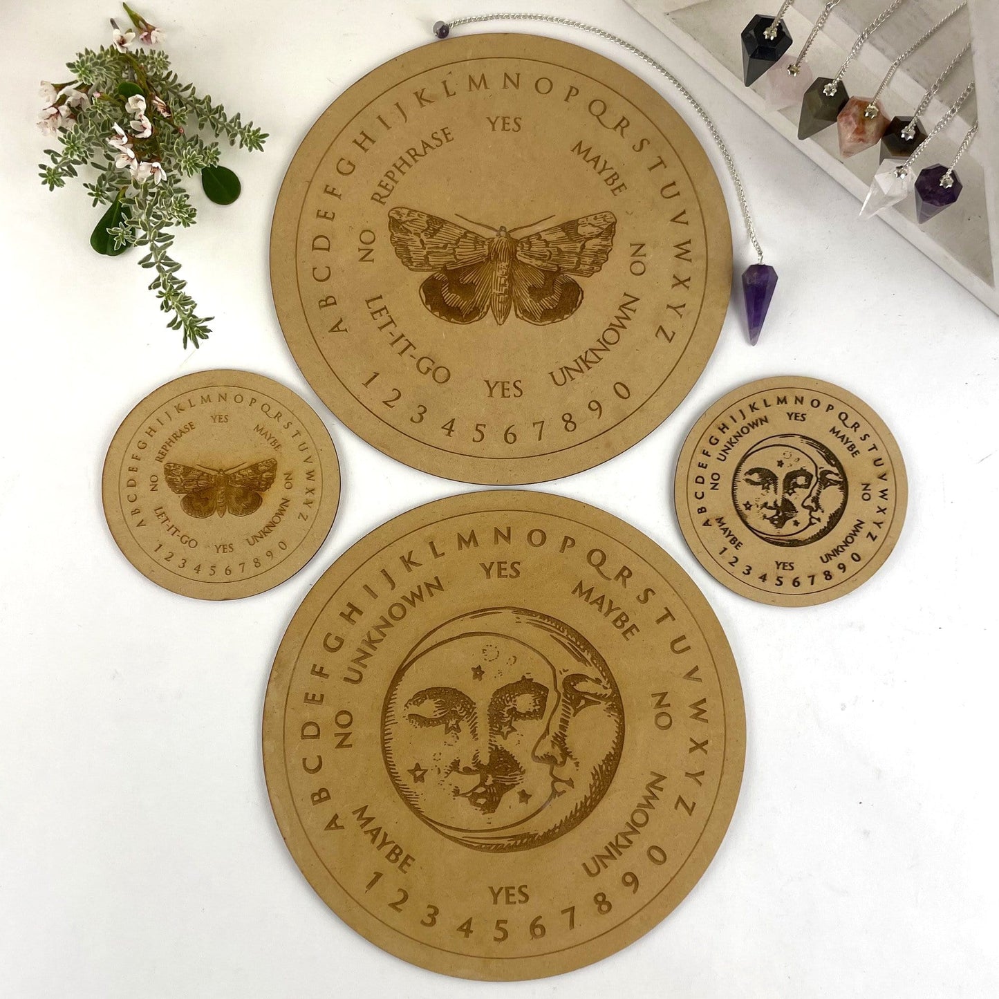 Pendulum Boards in 4" Moon and Sun Circle  8" Moon and Sun Circle 4" Butterfly Circle 8" Butterfly Circle Top View