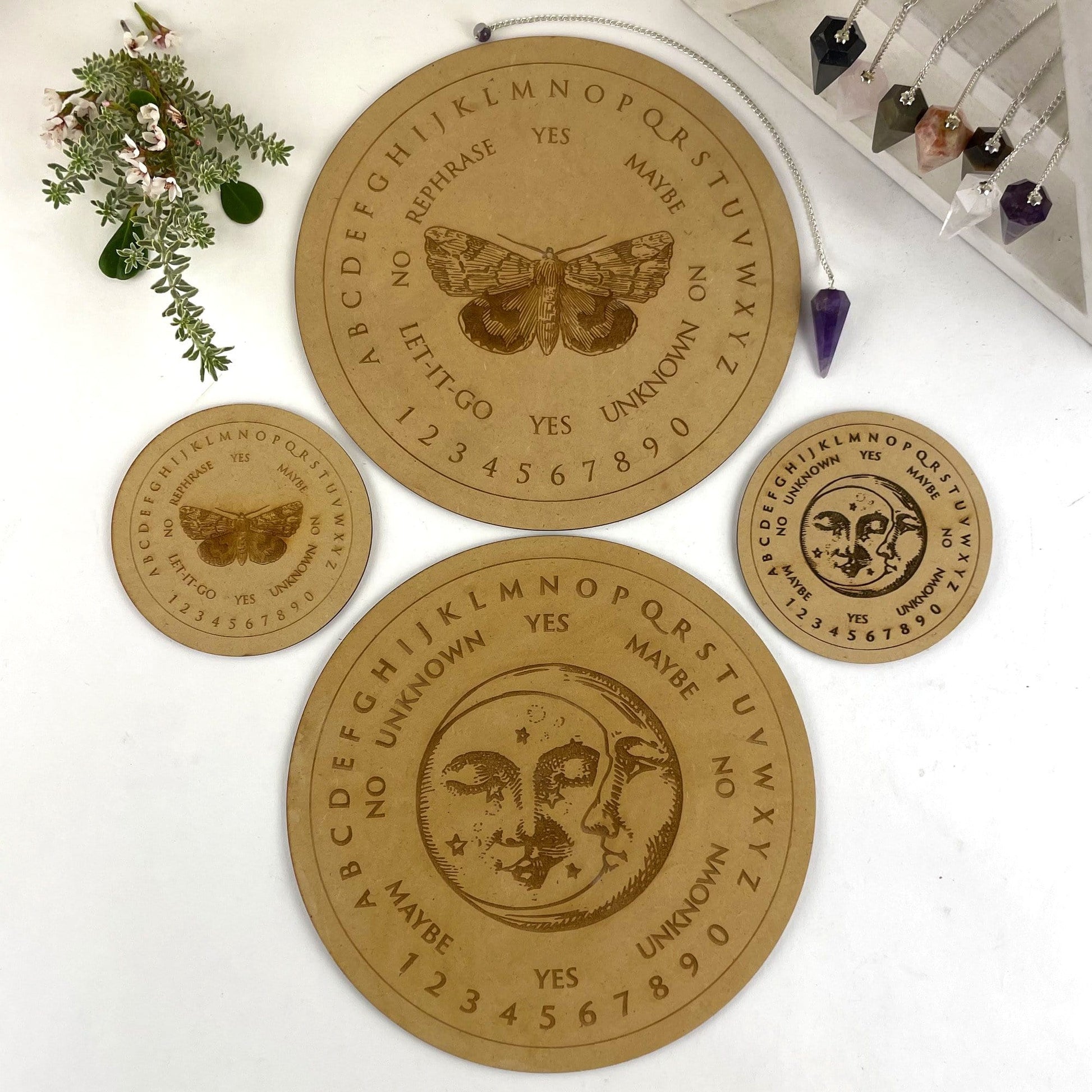 Pendulum Boards in 4" Moon and Sun Circle  8" Moon and Sun Circle 4" Butterfly Circle 8" Butterfly Circle Top View