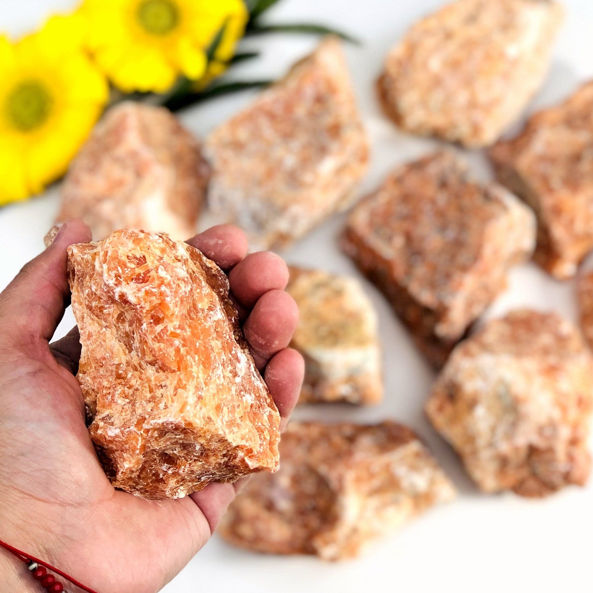 Hand holding a large orchid calcite rough stone for size reference 