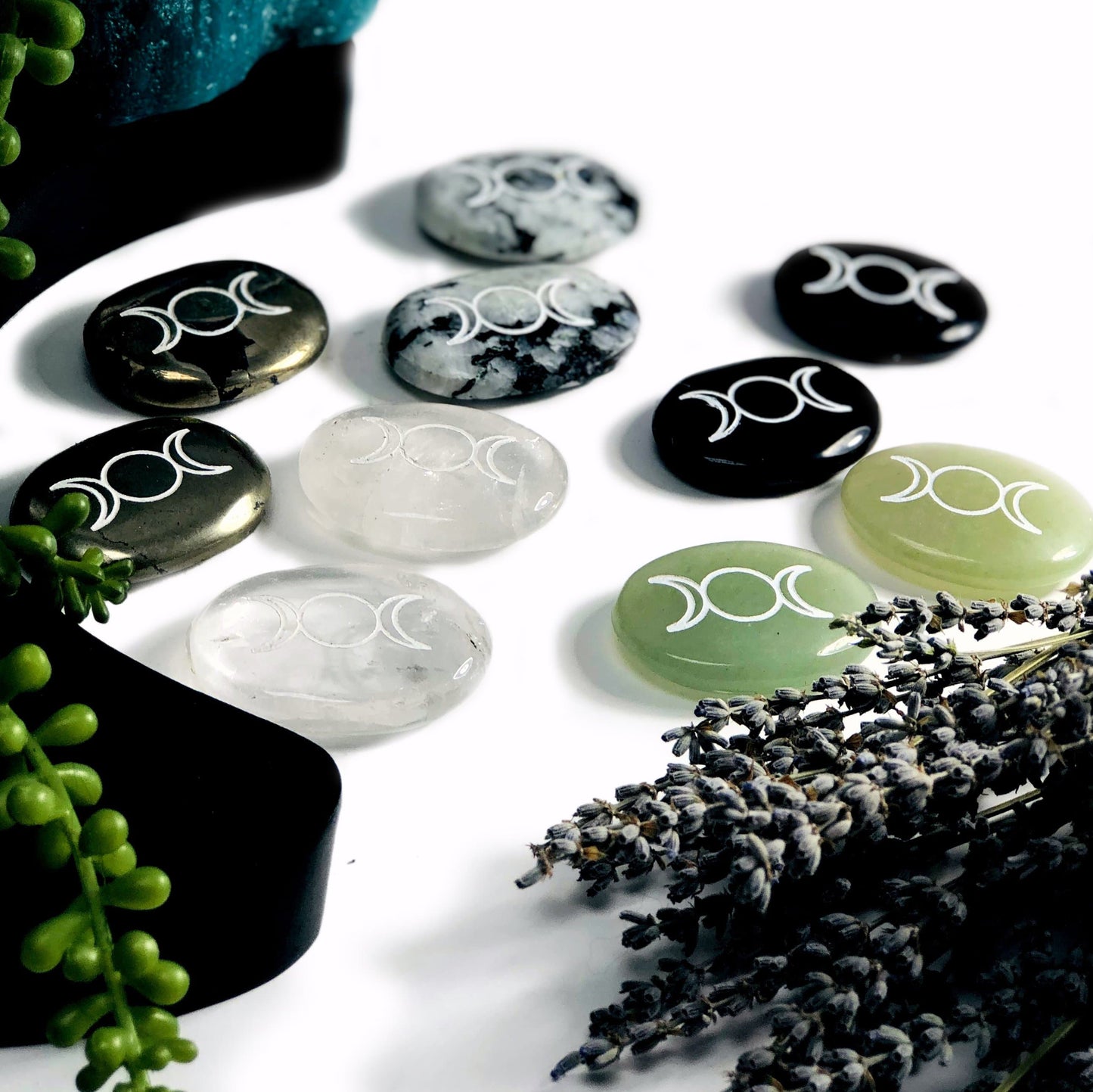 Variety Palm Stones Pocket Stones with Moon Phase  side angle view to show thickness