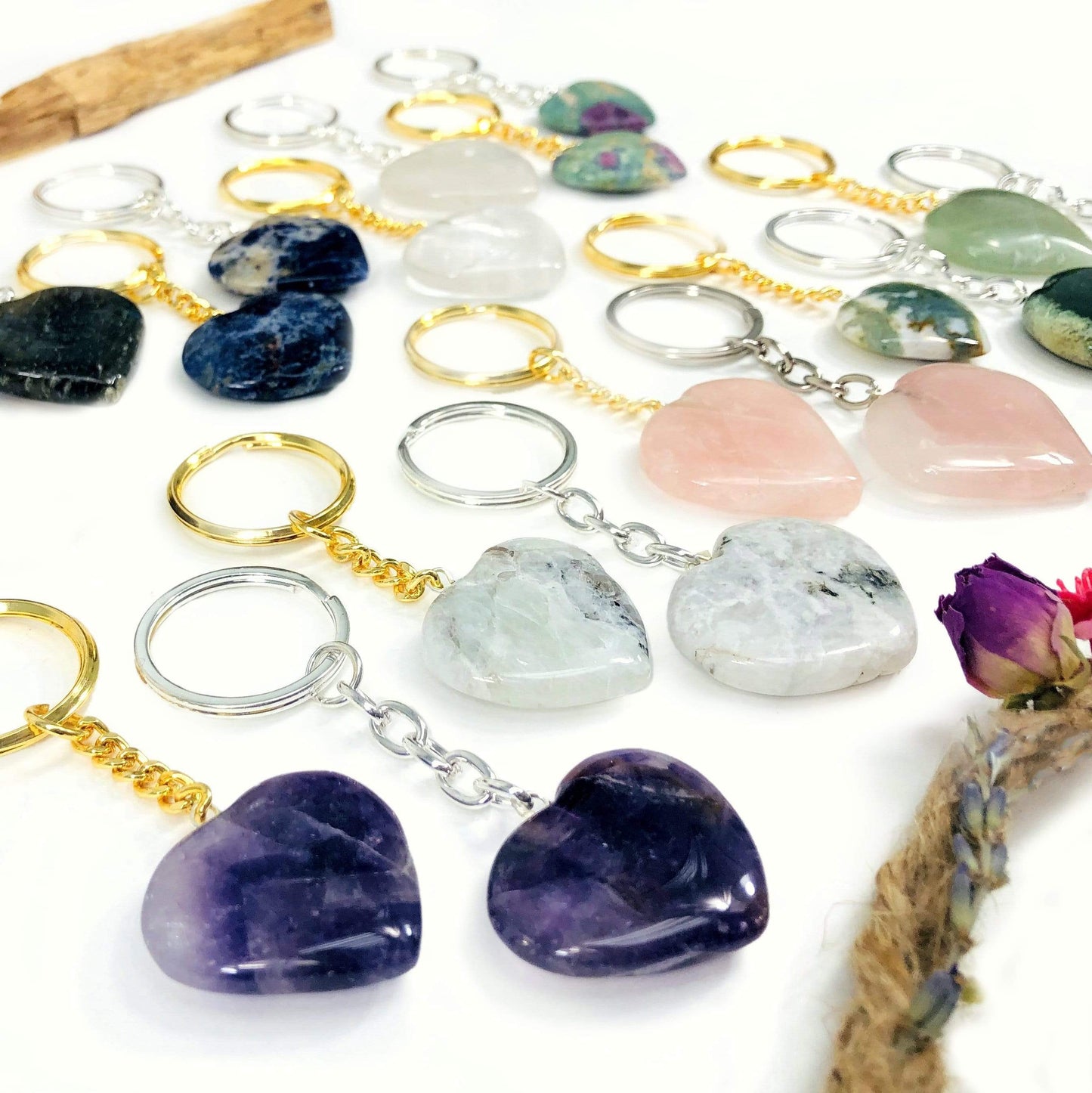 Gemstone Crystal Heart Keychains - Variety of Stones - 10 Pack