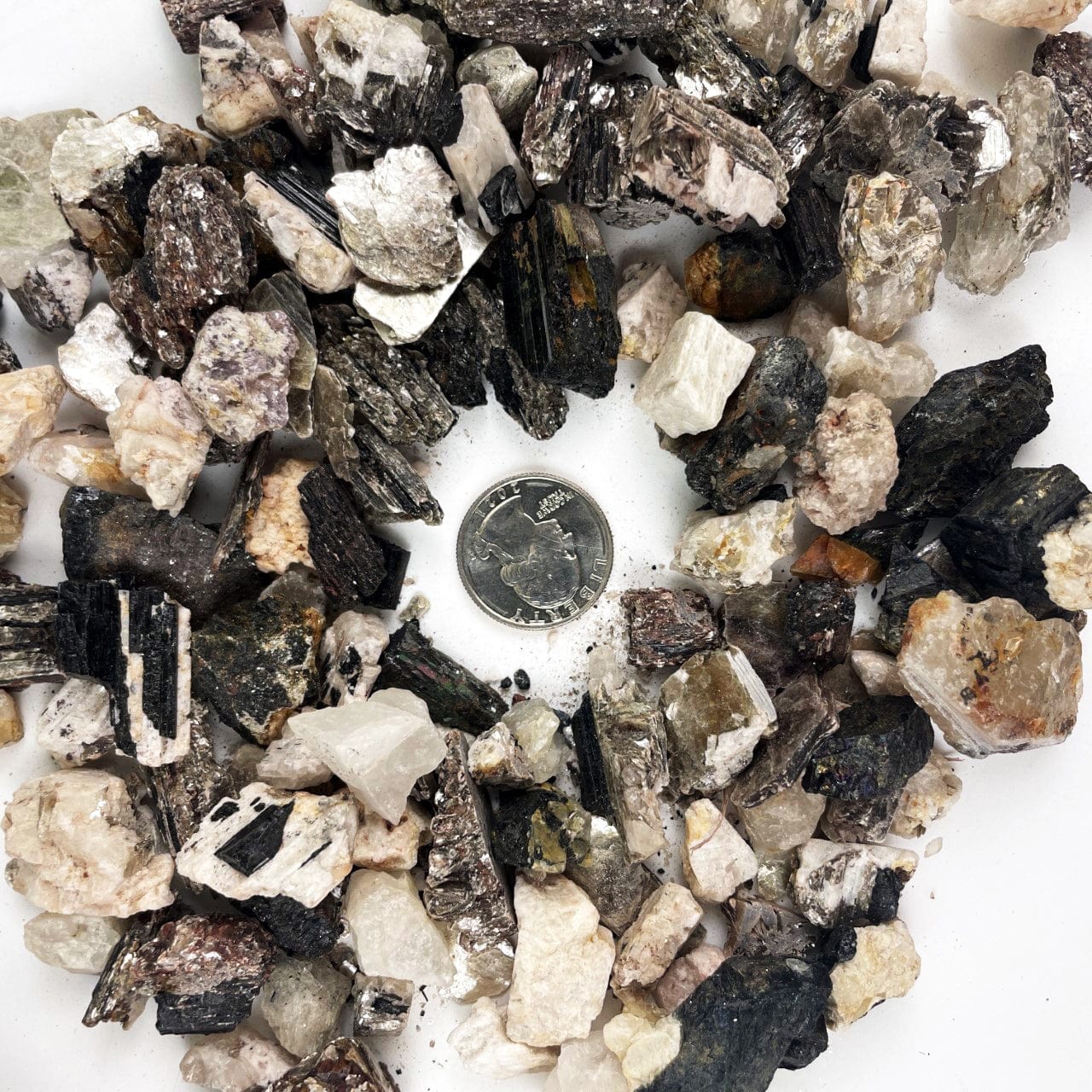 Black Tourmaline on Matrix Rough Stones - 1 LB Bag with a quarter for size reference