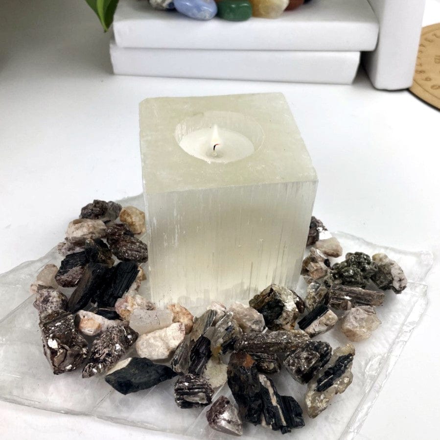 Black Tourmaline on Matrix Rough Stonesaround a candle base