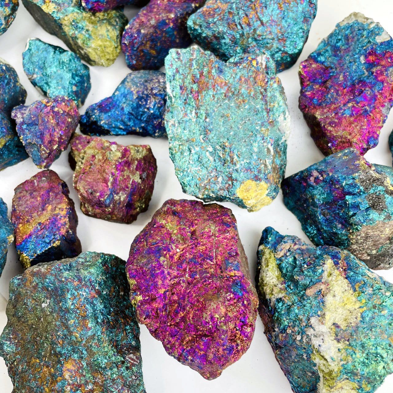 Assorted sizes of peacock ore rough stones on a white background.  They are a metallic shade of pinks, blues, and purples.