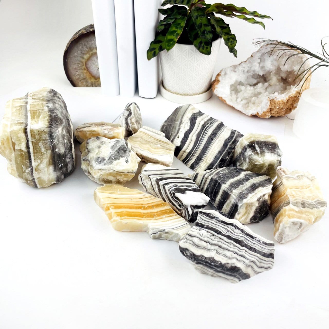 5 kilos worth of Mexican onyx laid out on a table as display.