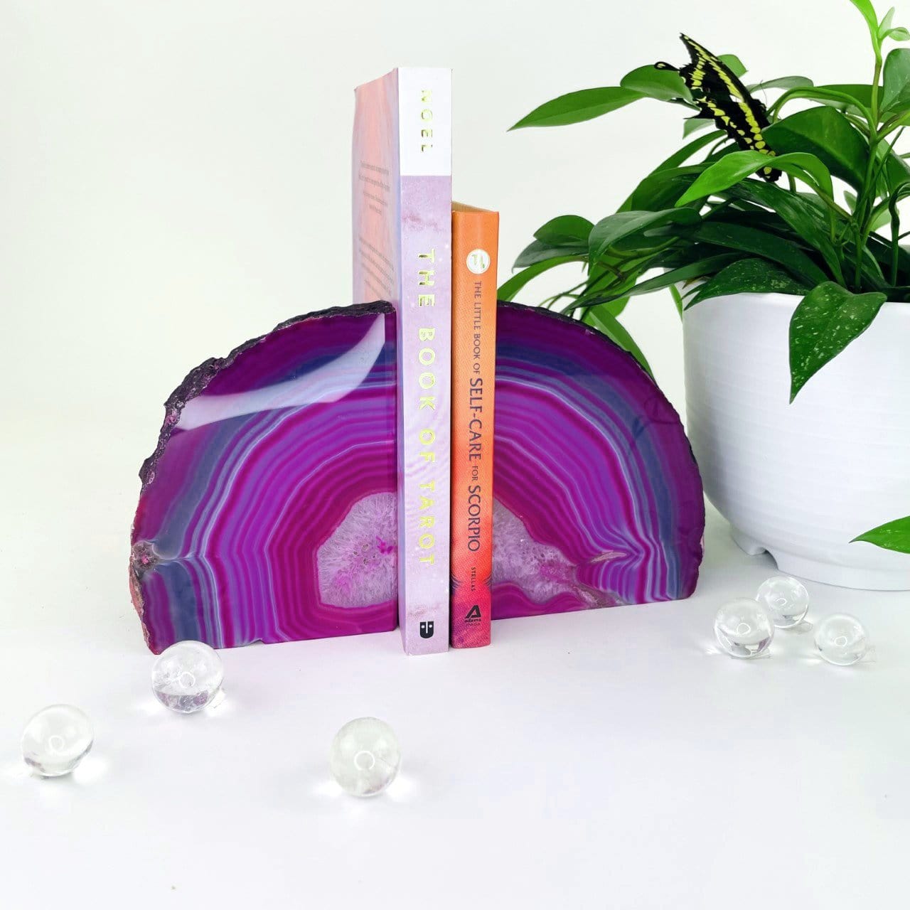 pink agate bookends set as home decor 