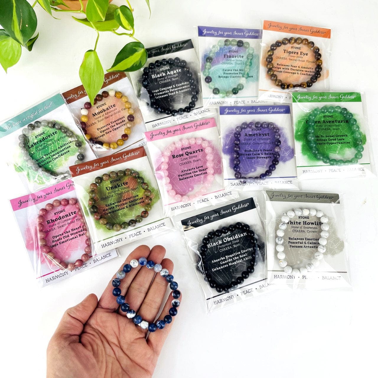 Mala Gemstone Beaded Stretch Bracelets in assorted stones , carded andin protective sleeves